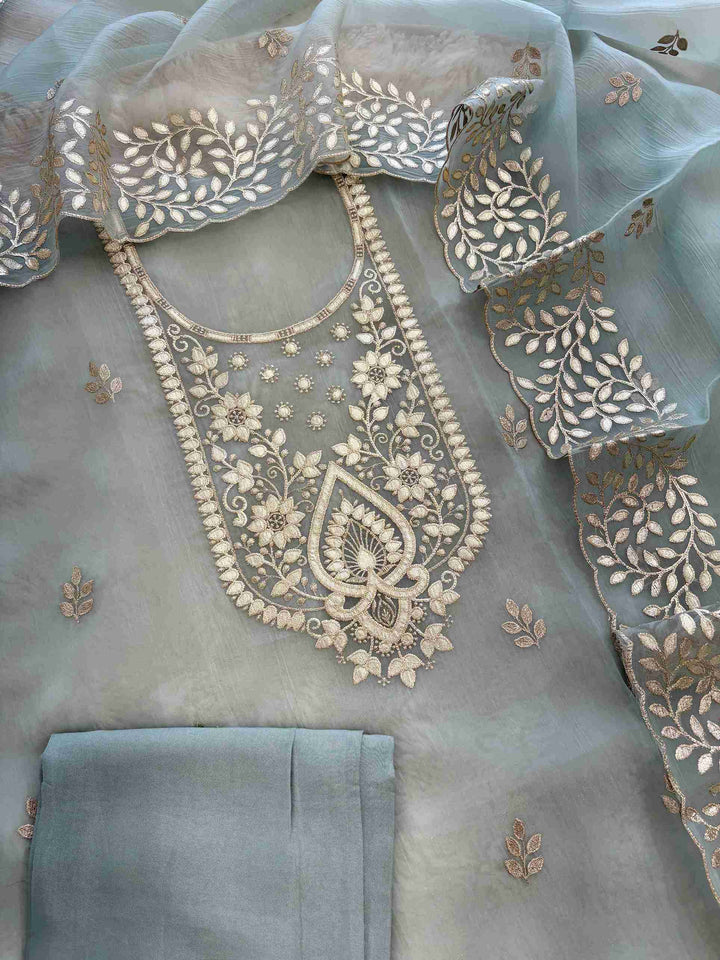 Ice Blue tissue dupatta with leaf-pattern leather gota border and scalloped edges