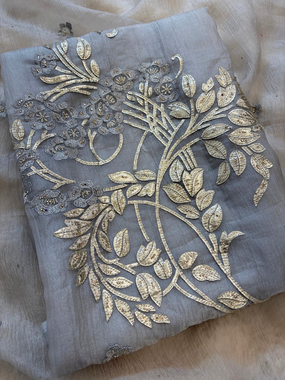 Silver gota work detailing on ice grey marble chiffon shirt