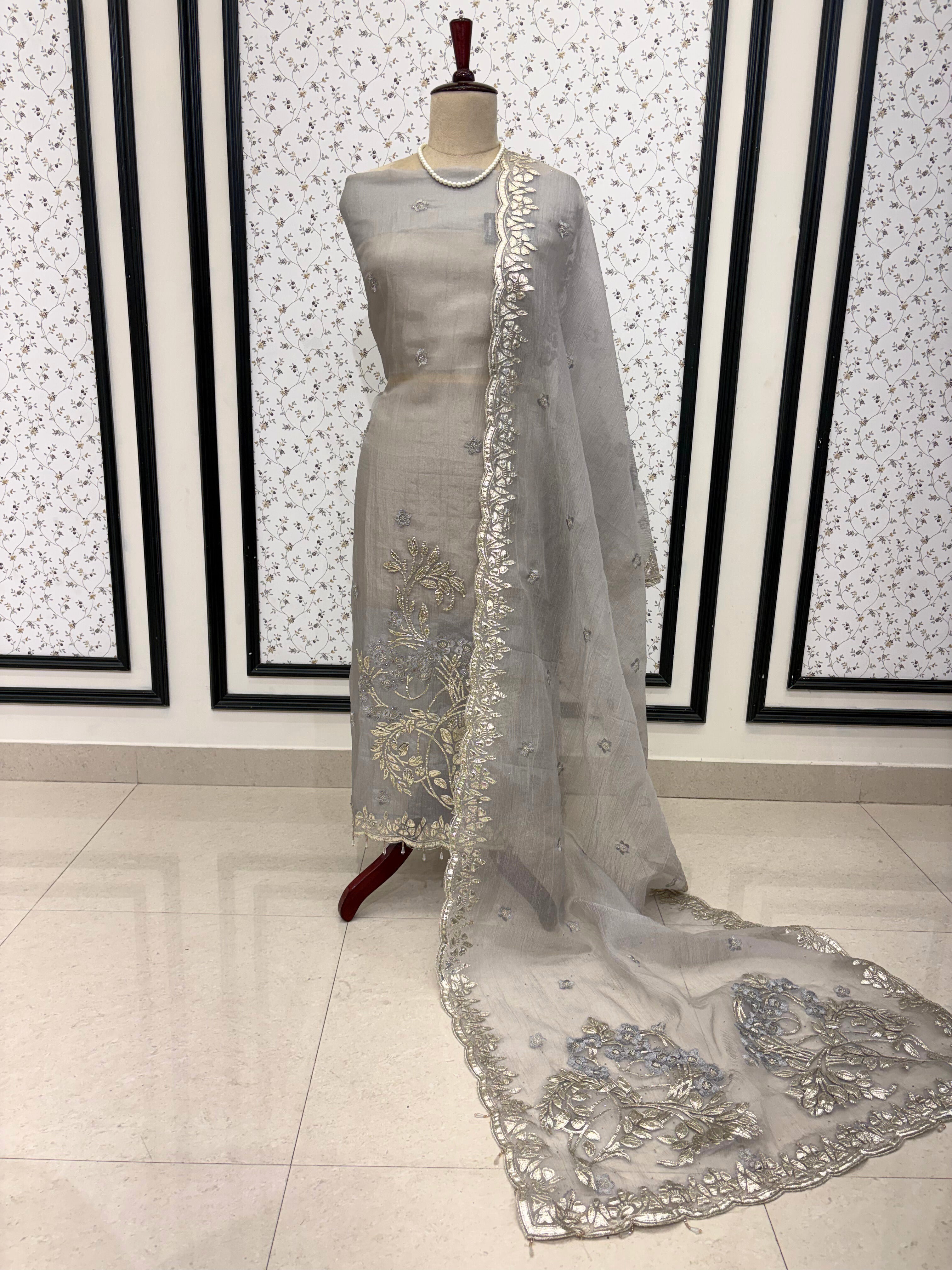 Silver gota border and motifs on marble chiffon dupatta