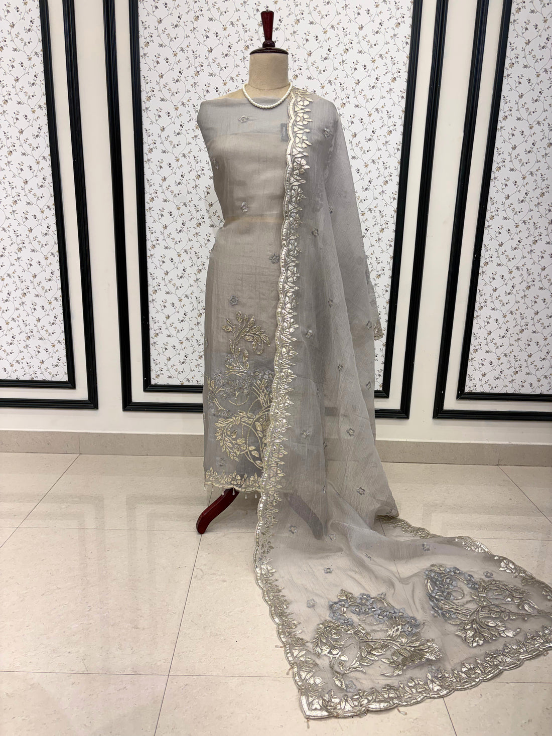 Silver gota border and motifs on marble chiffon dupatta