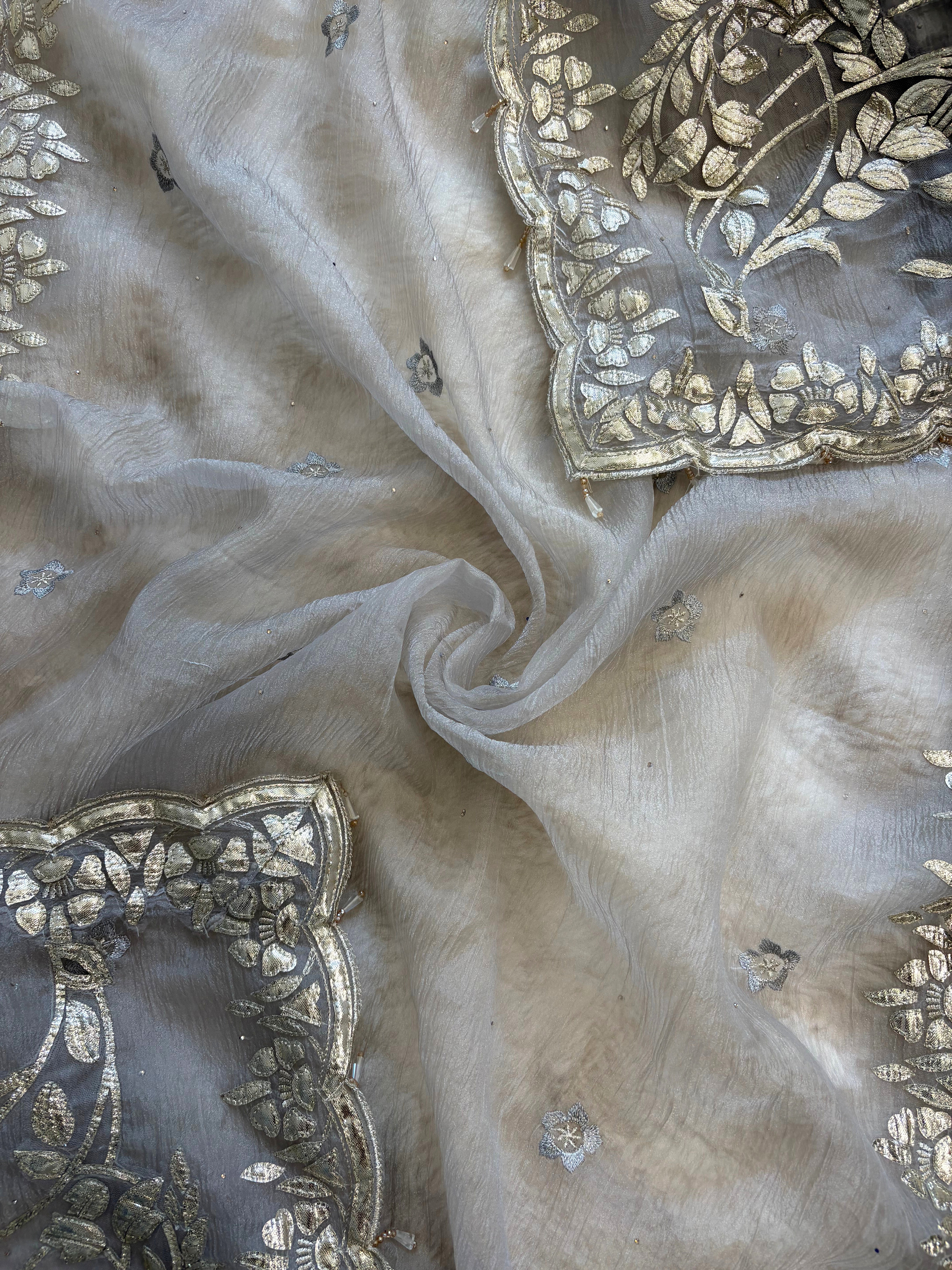 Ice grey marble chiffon dupatta with silver gota border