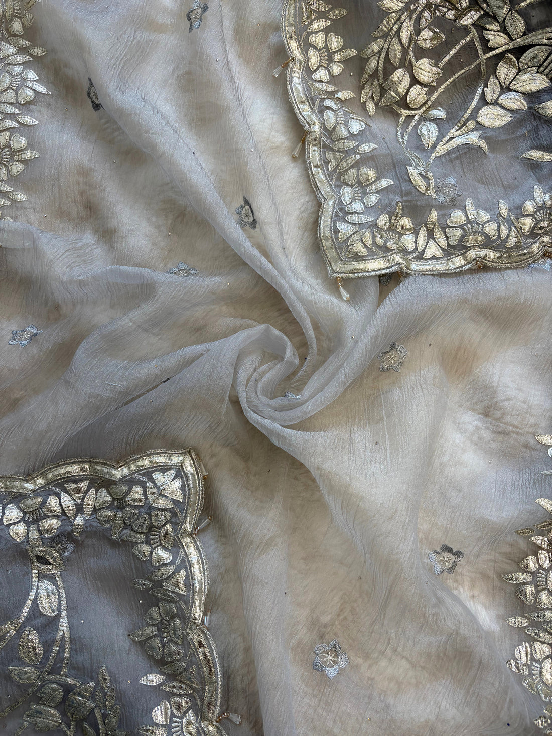 Ice grey marble chiffon dupatta with silver gota border