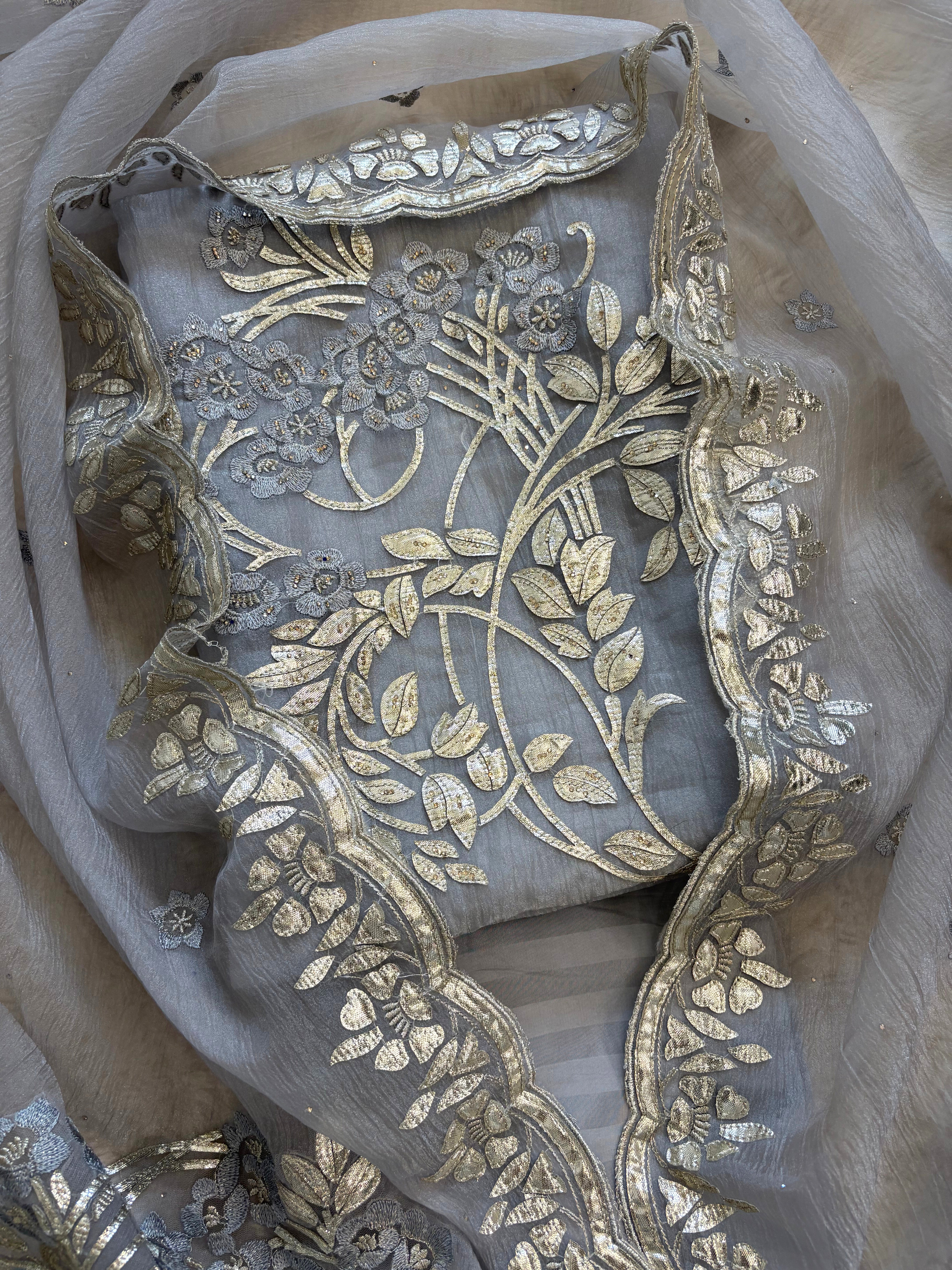Ice grey marble chiffon unstitched suit with silver gota embroidery