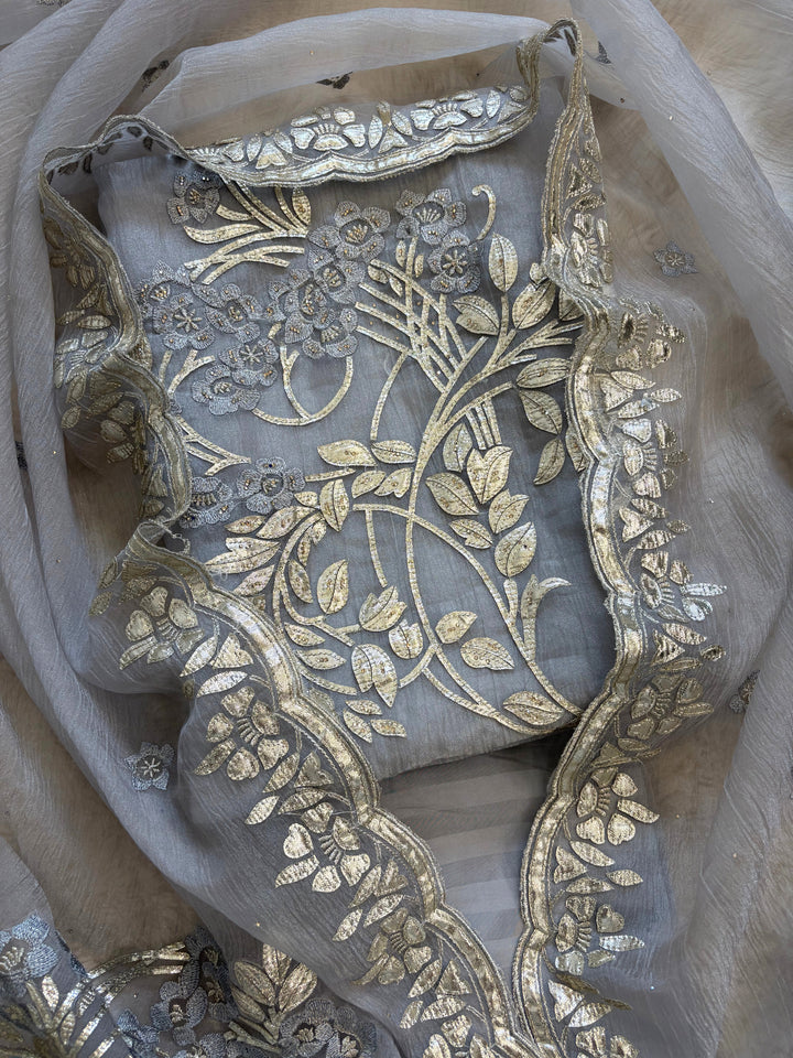 Ice grey marble chiffon unstitched suit with silver gota embroidery
