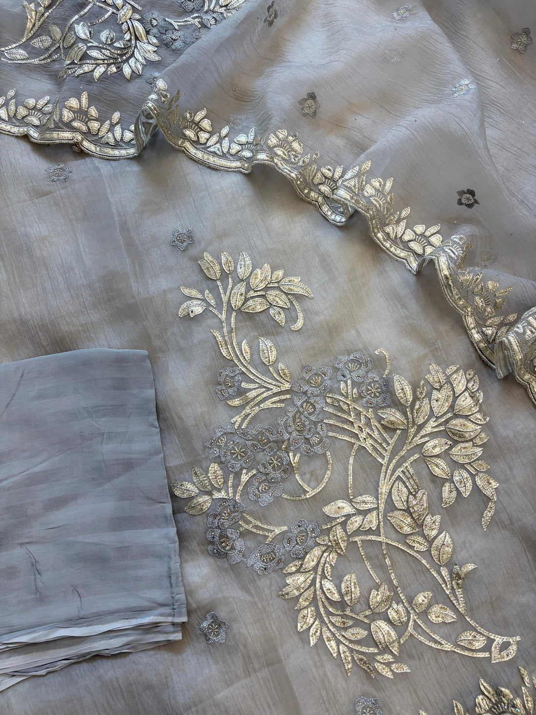 Matching ice grey tusser crepe bottom fabric