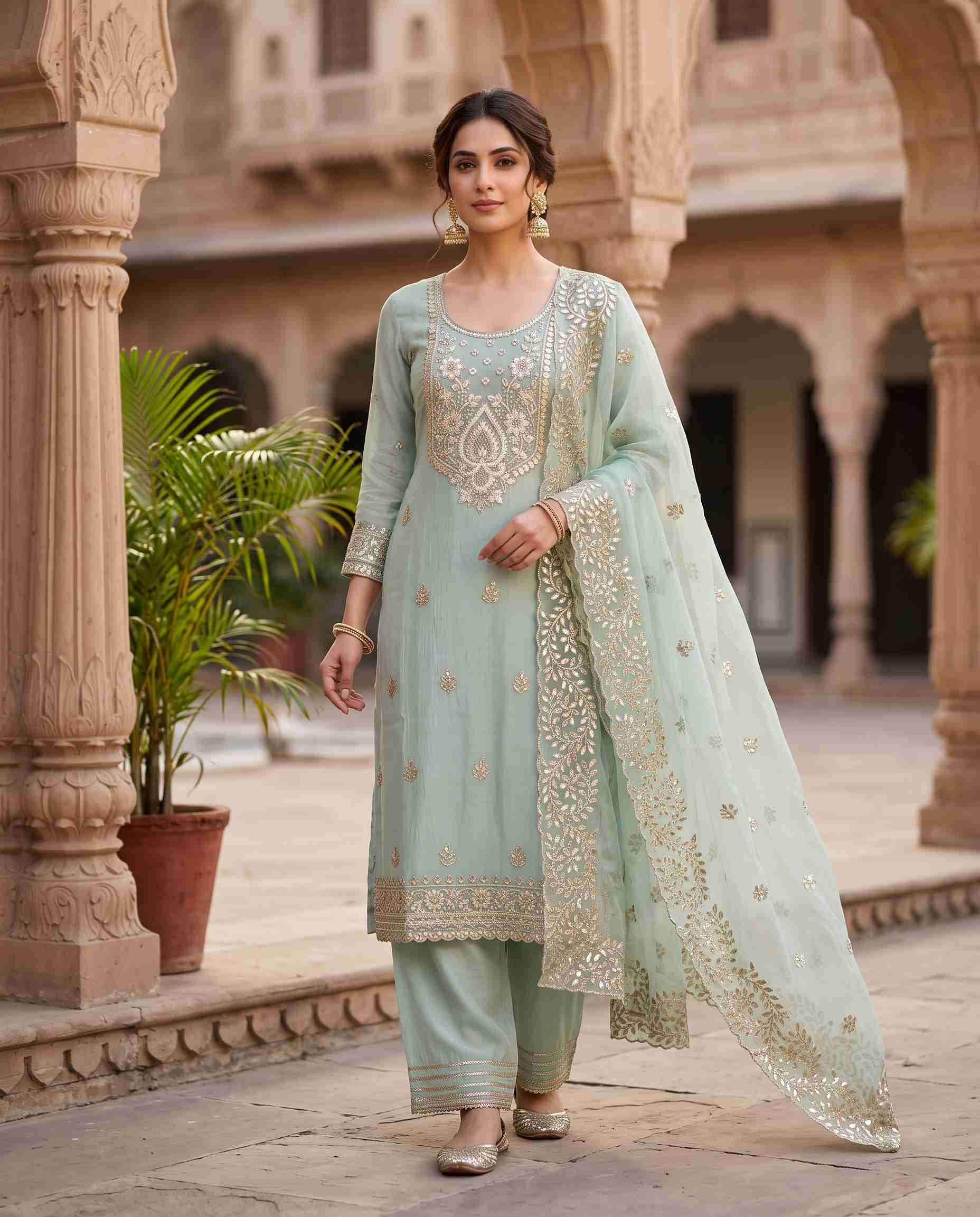Ice Blue shimmer tissue unstitched suit with leather gota work and tissue dupatta on model
