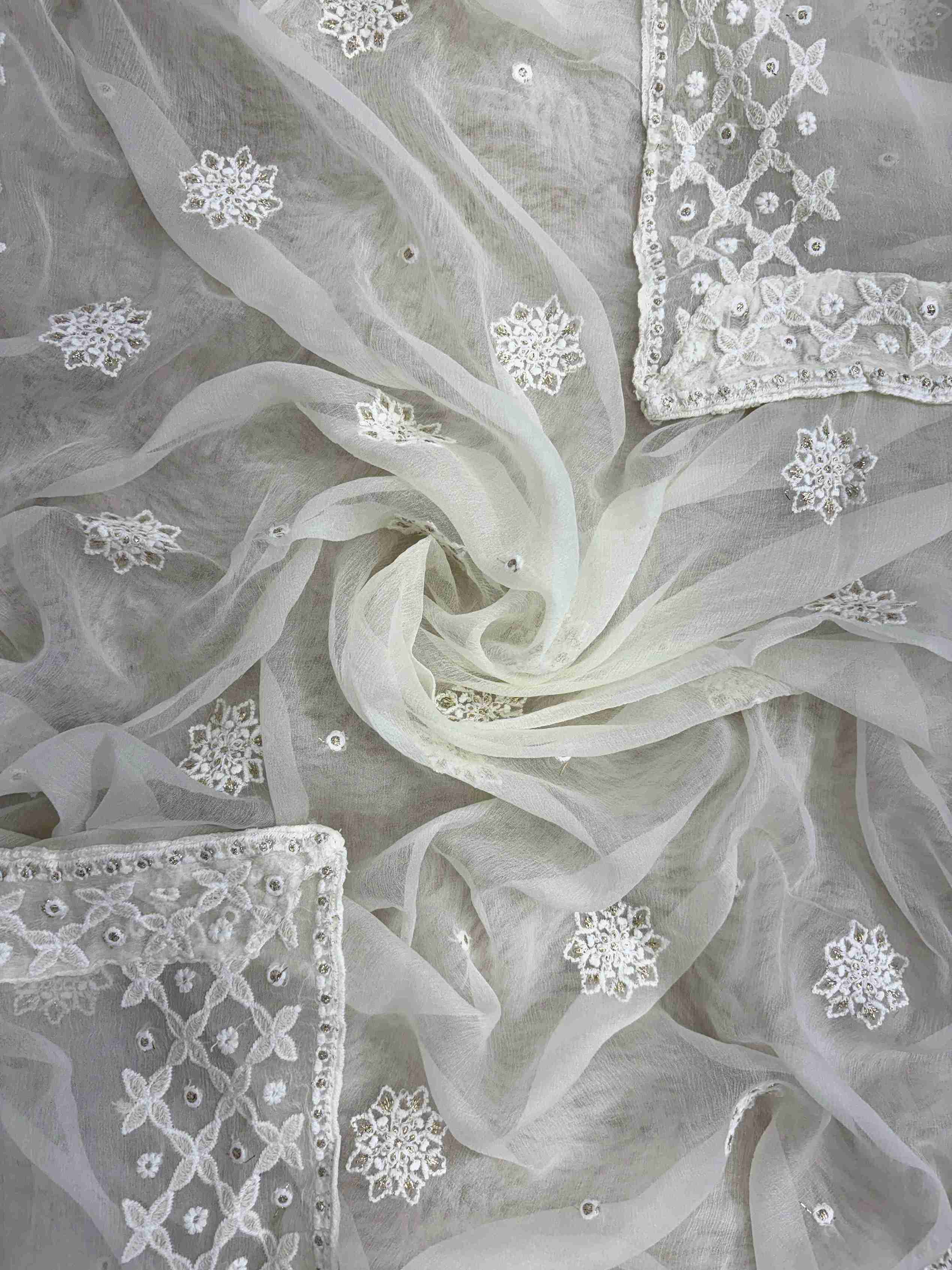 Ivory chiffon dupatta with spread chikankari floral motifs