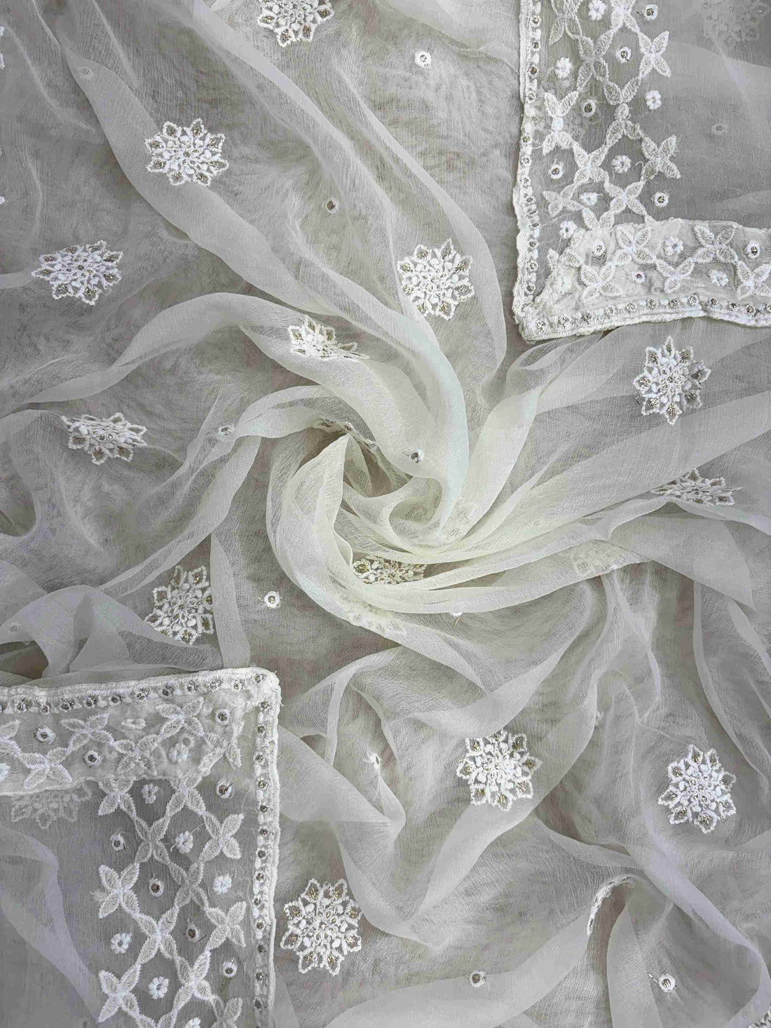 Ivory chiffon dupatta with spread chikankari floral motifs
