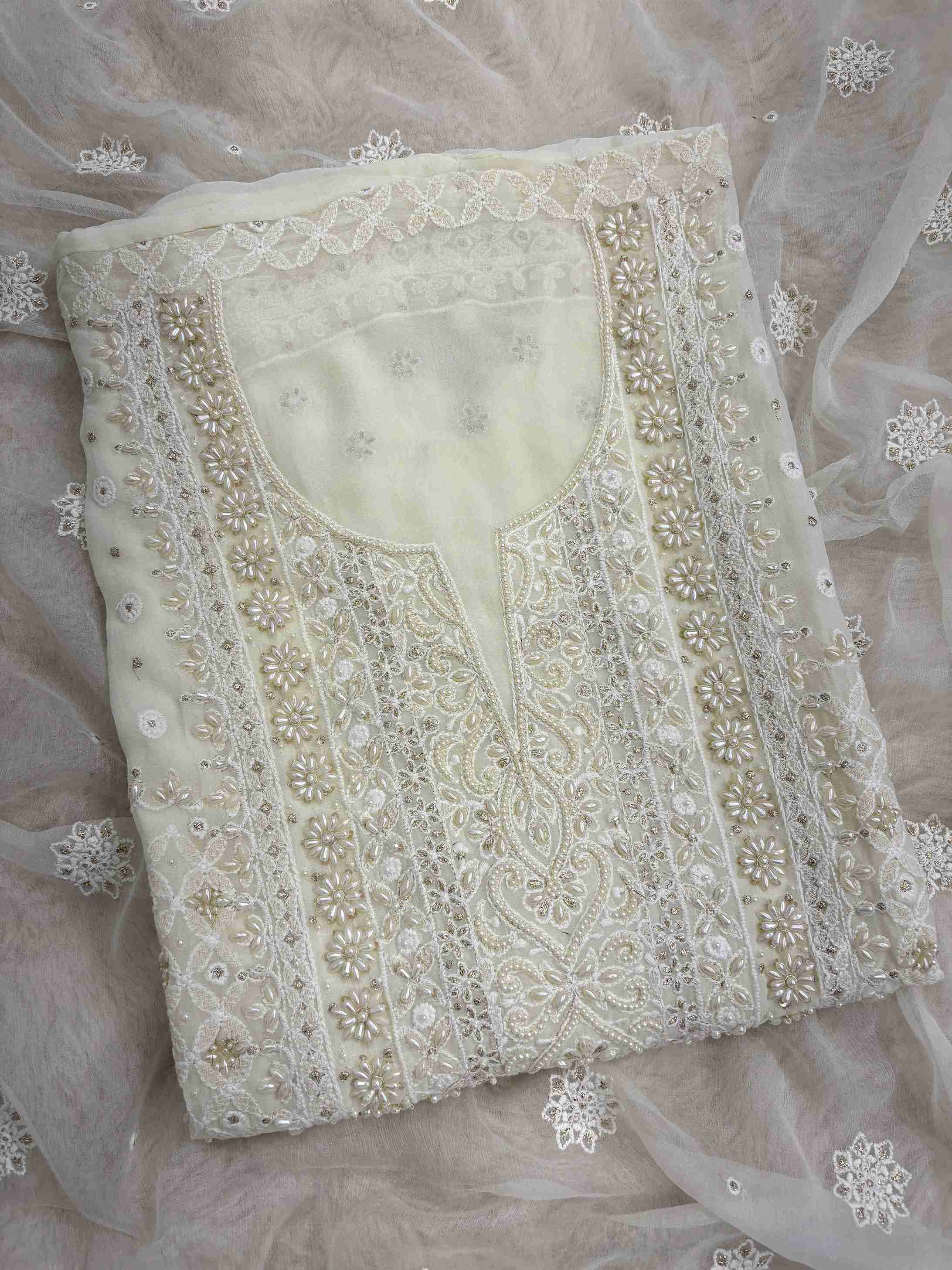 Ivory chikankari georgette unstitched suit set with chiffon dupatta