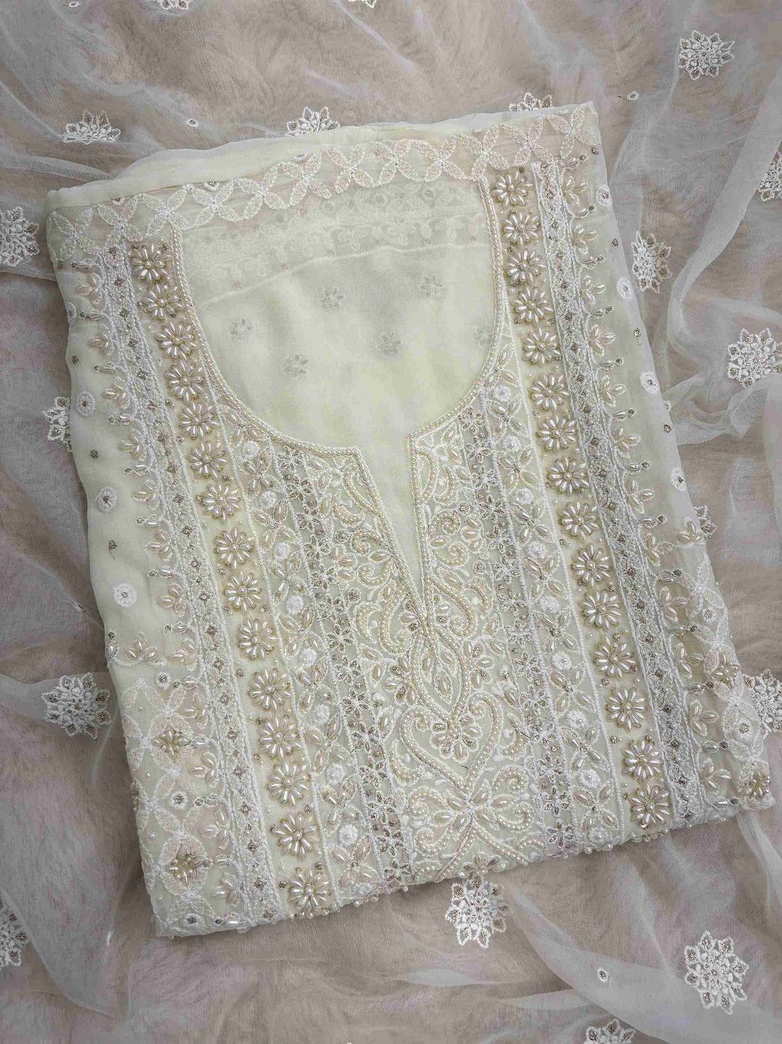 Ivory chikankari georgette unstitched suit set with chiffon dupatta