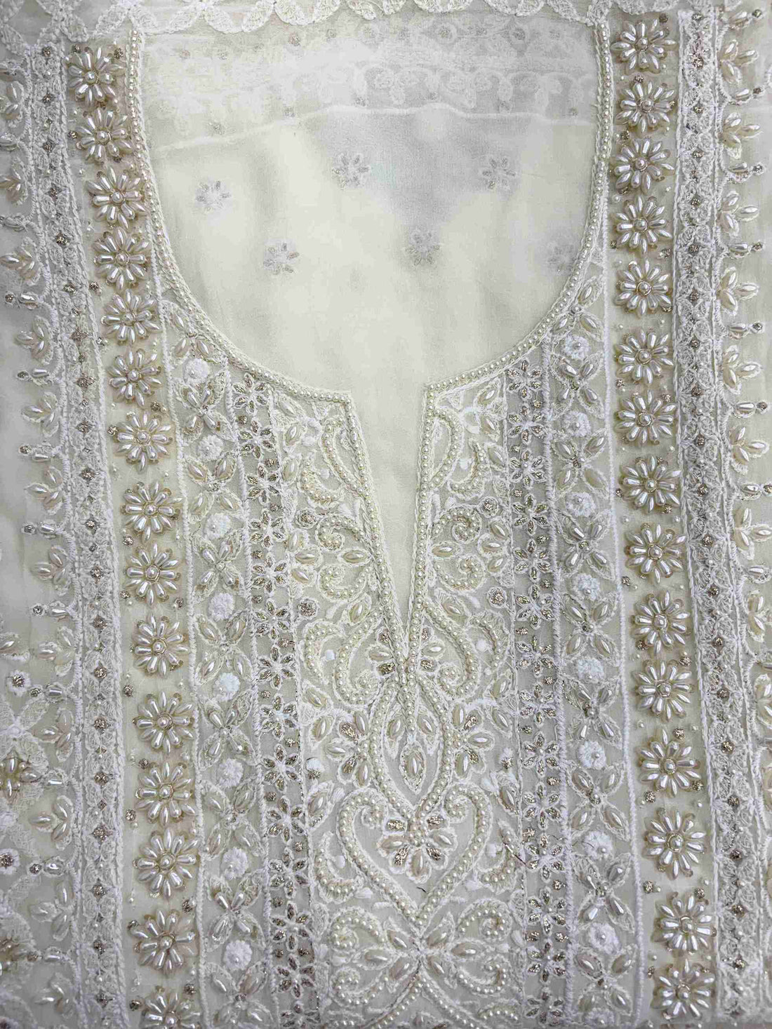 Ivory georgette shirt with all over chikankari embroidery