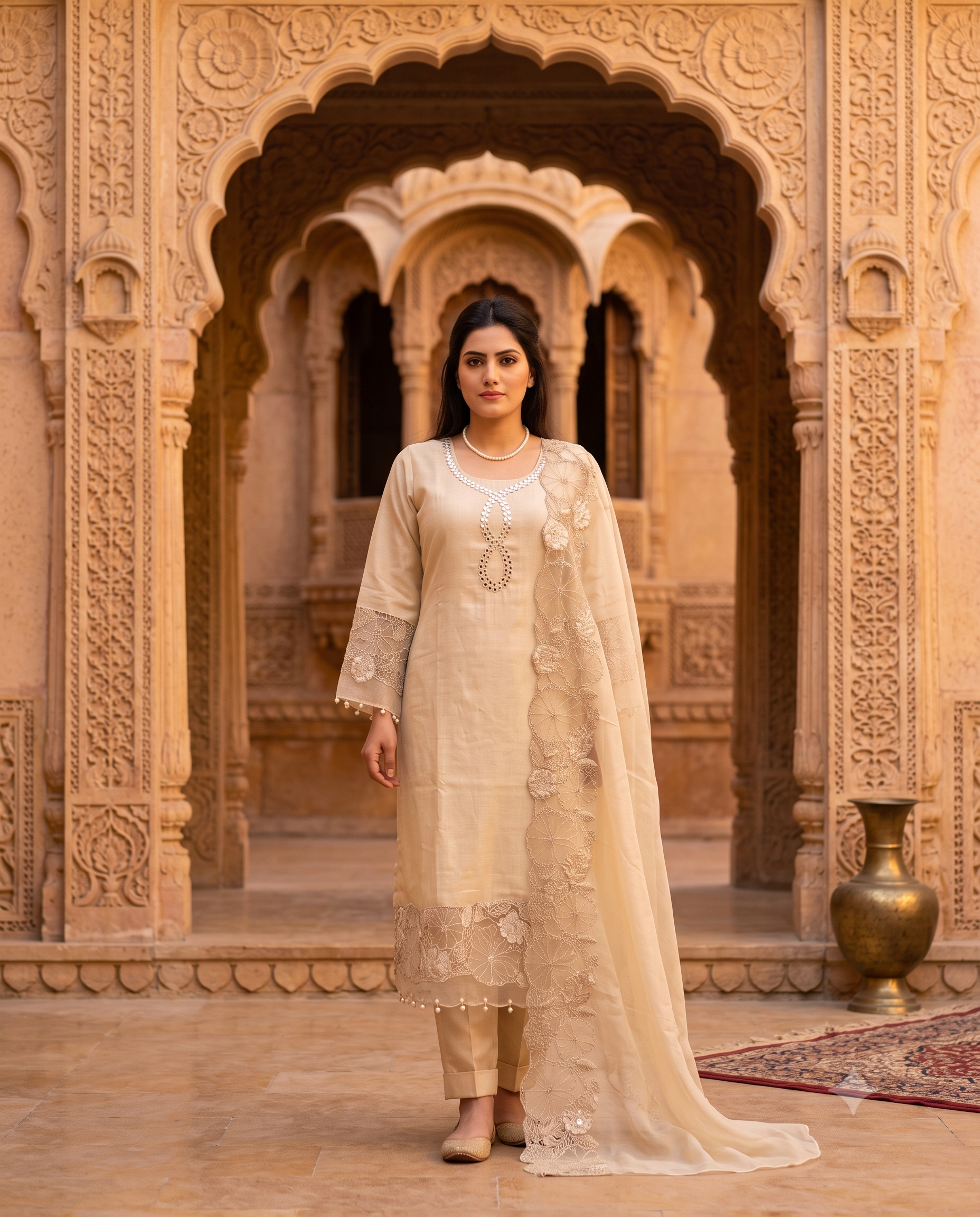 Ivory Giraffe unstitched suit with mirror work neckline flatlay