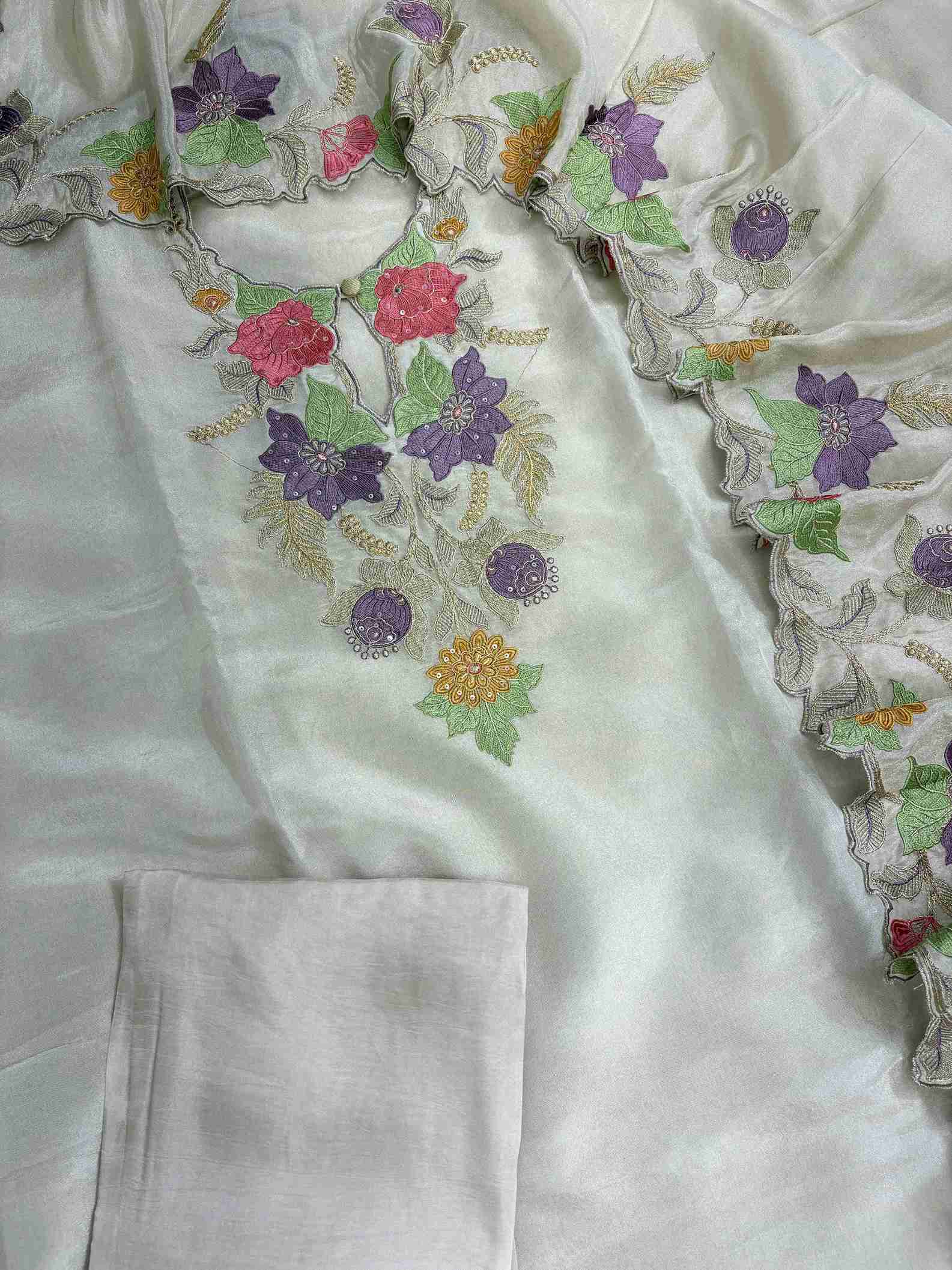 Cutwork embroidered hemline border on shimmer organza suit