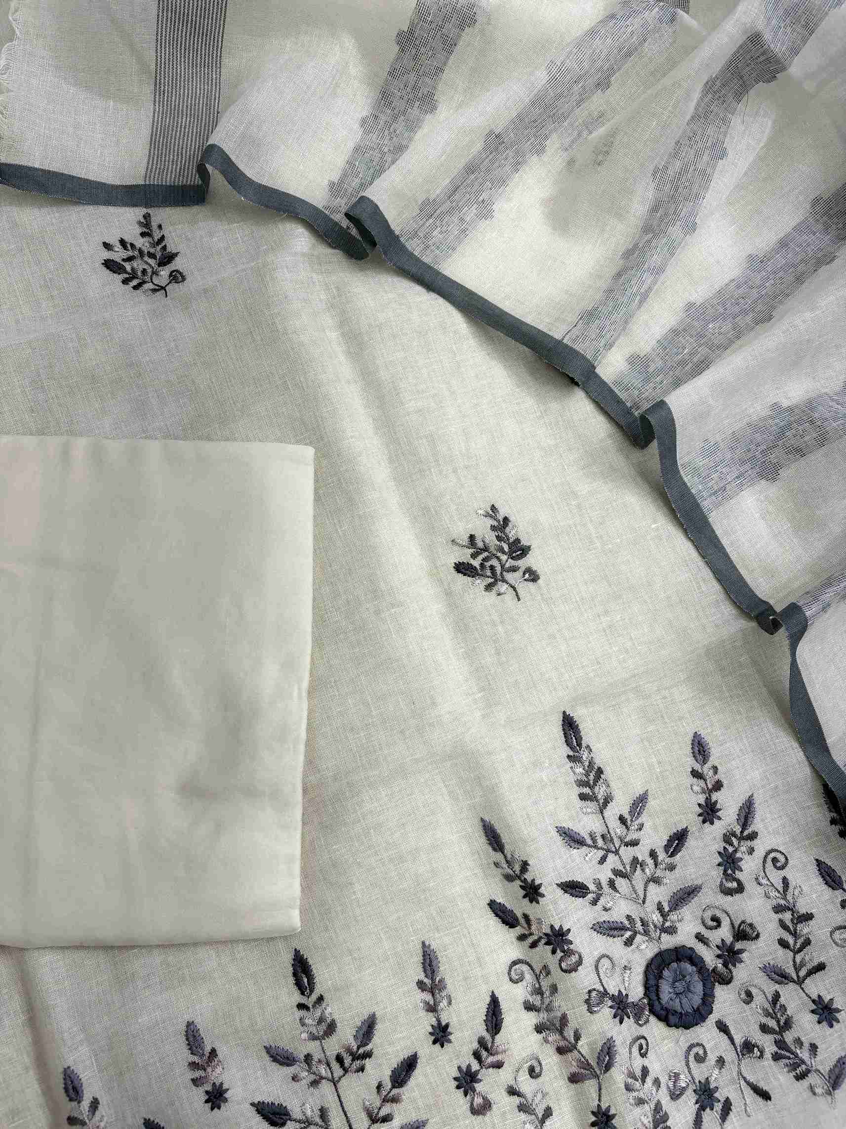 ivory pure linen unstitched suit full flat lay set with shirt, dupatta, and cotton bottom