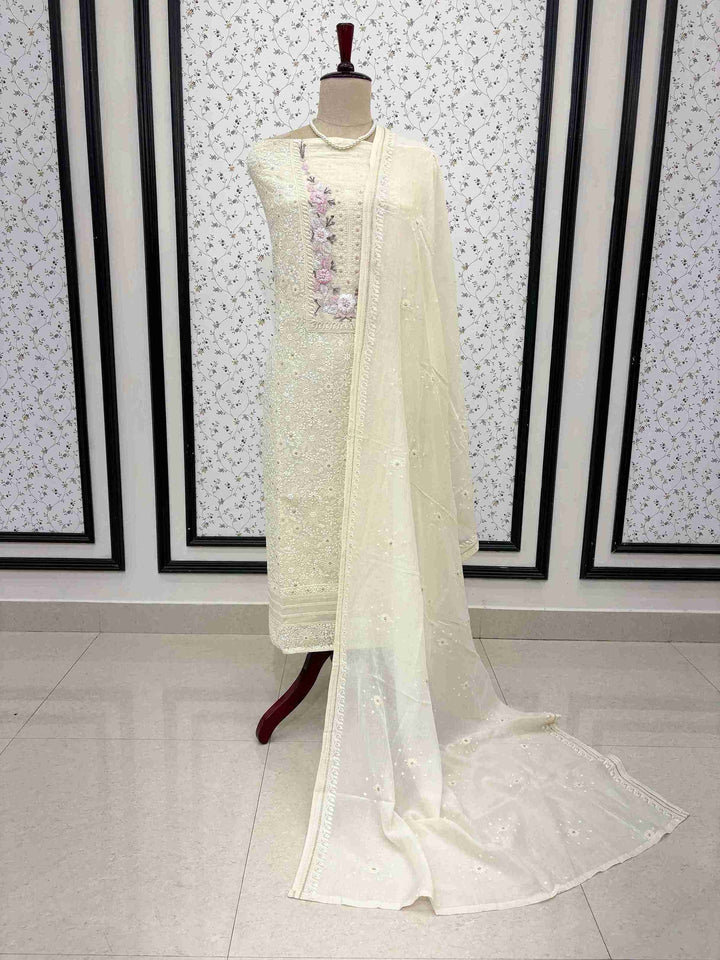 Ivory white cotton chikankari 3 piece suit set on manequinn