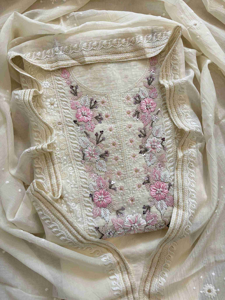 Ivory white cotton chikankari unstitched suit set with dupatta