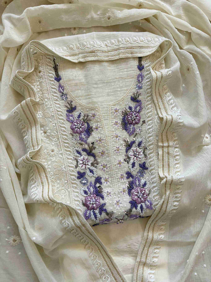 vory white cotton chikankari unstitched suit set with dupatta