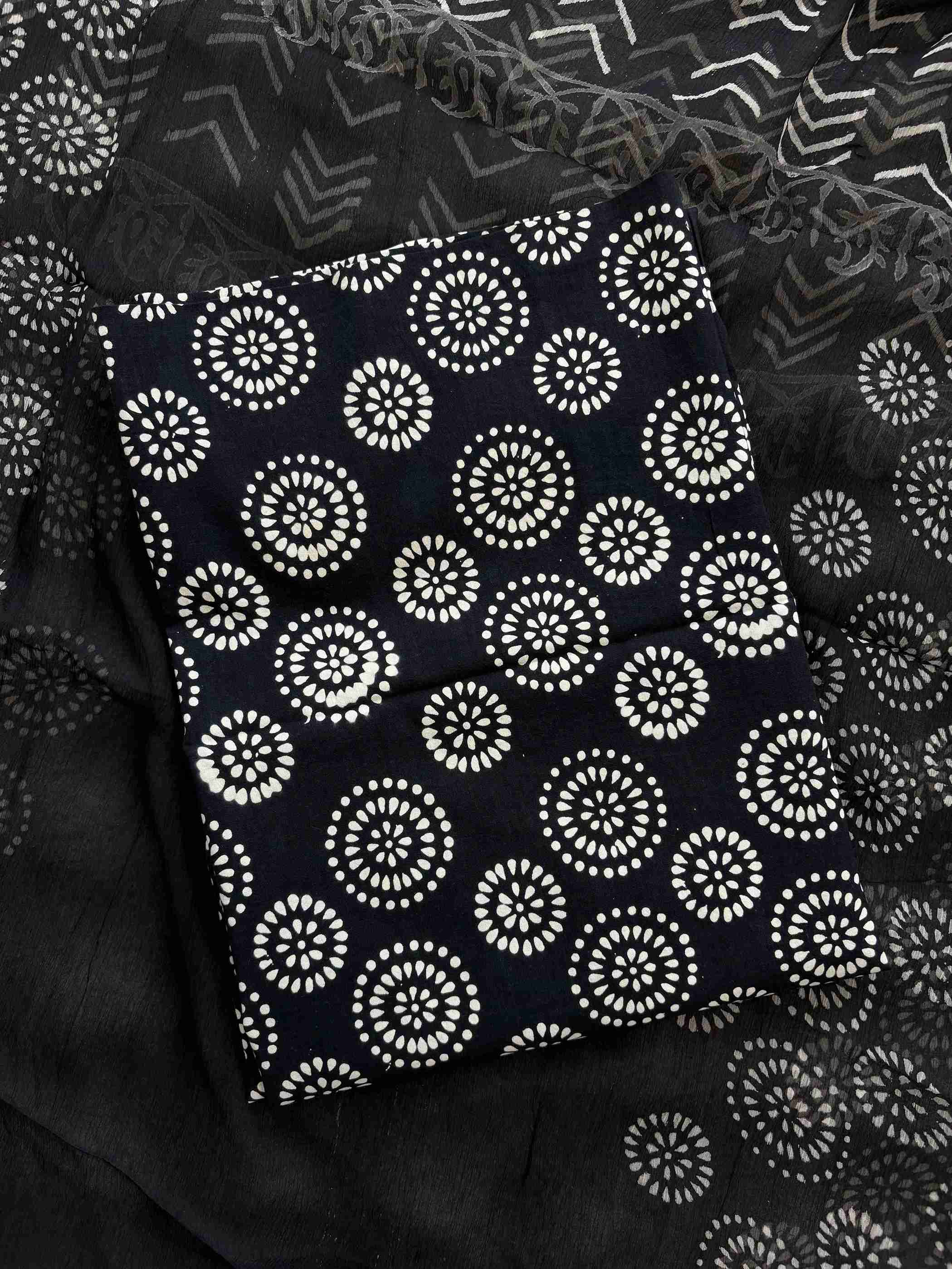 Jaipuri hand block printed cotton kurta fabric in black and ivory
