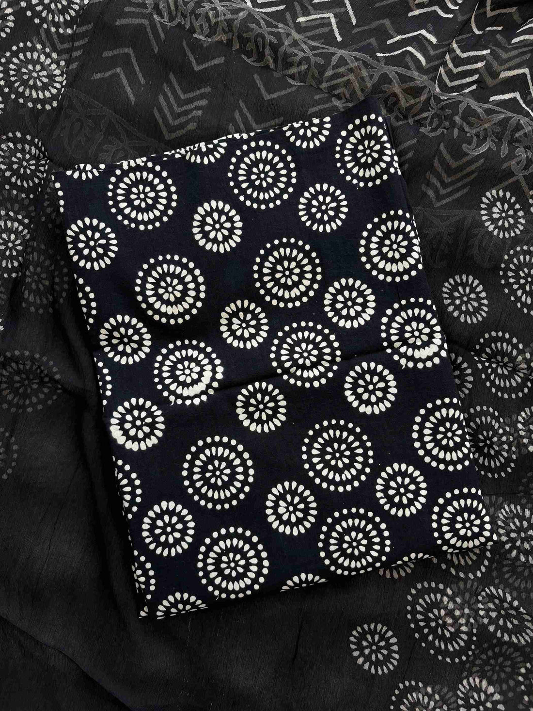 Jaipuri hand block printed cotton kurta fabric in black and ivory