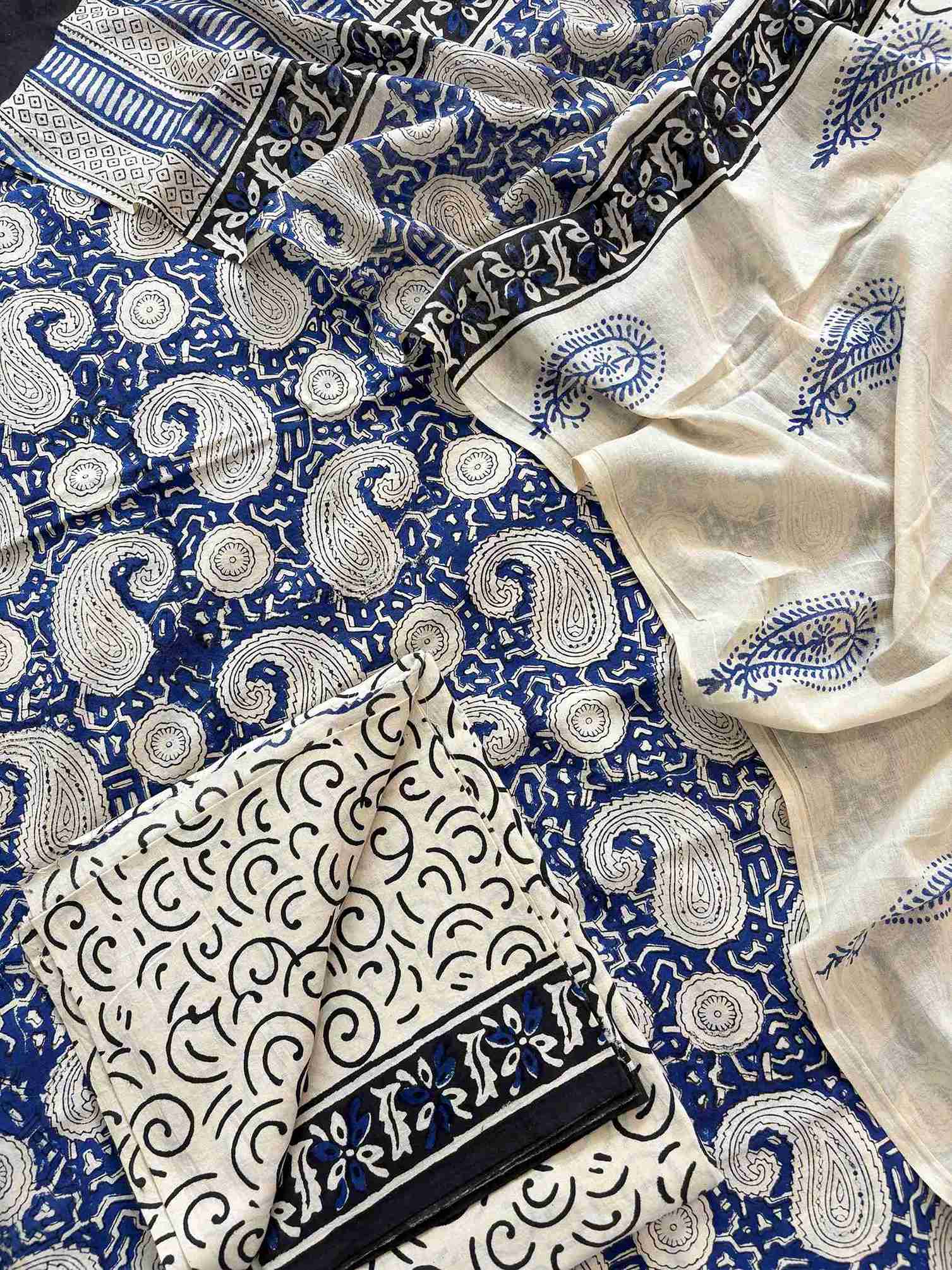 Jaipuri handblock printed cotton unstitched suit set with dupatta and bottom