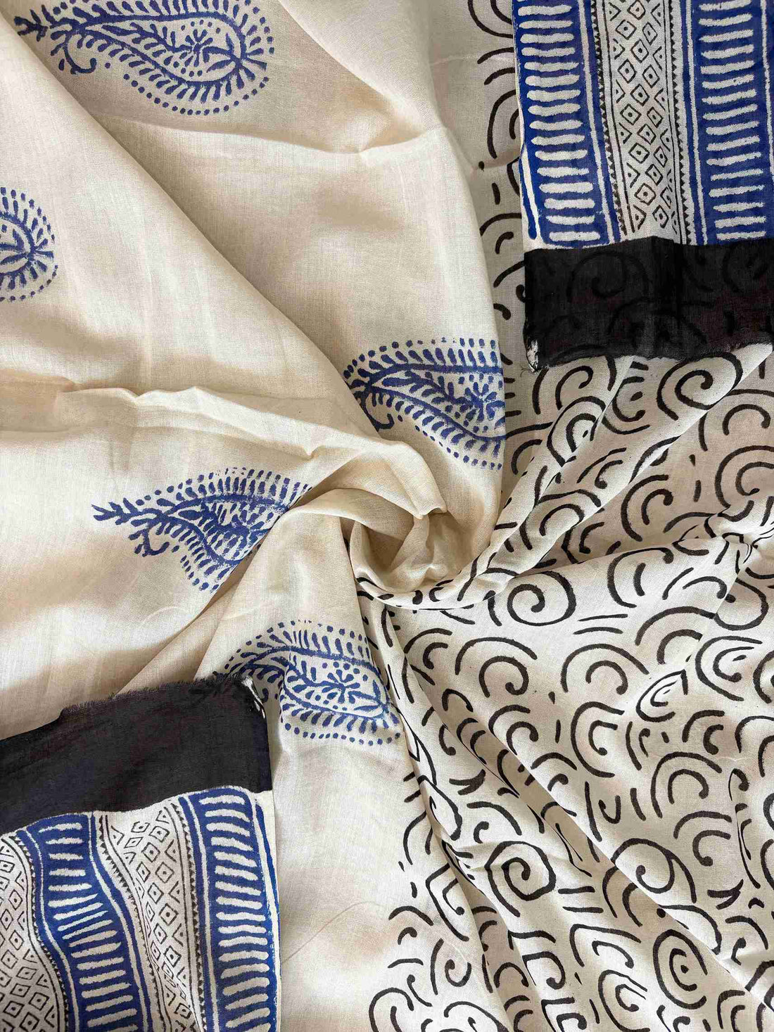 Ivory cotton dupatta with blue jaipuri handblock print and borders