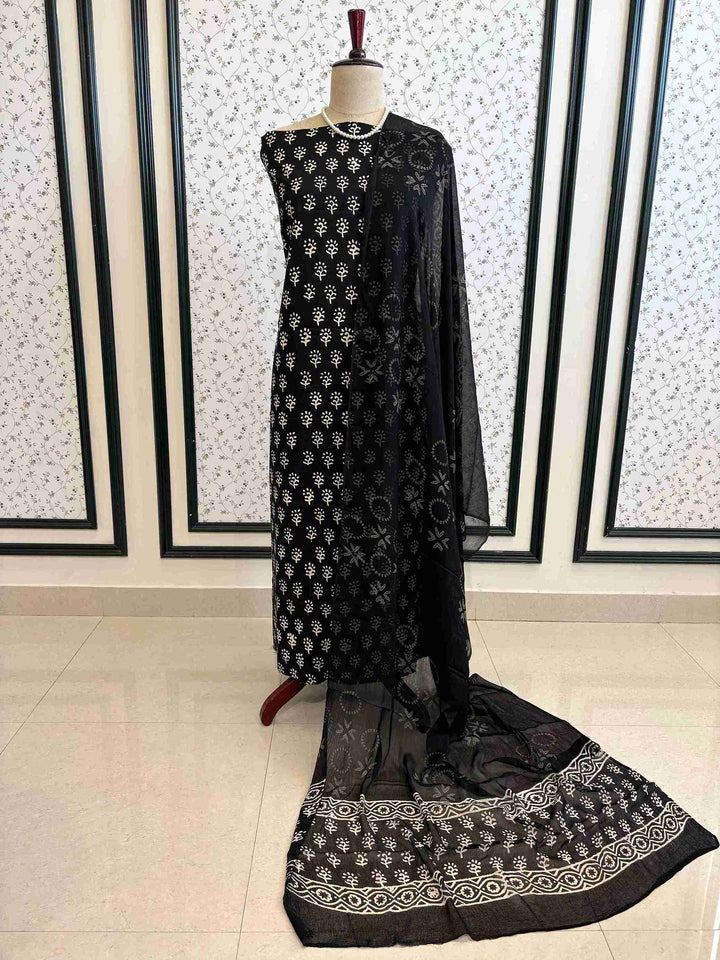 Complete Jaipuri handblock printed cotton suit set with kurta, bottom, and dupatta