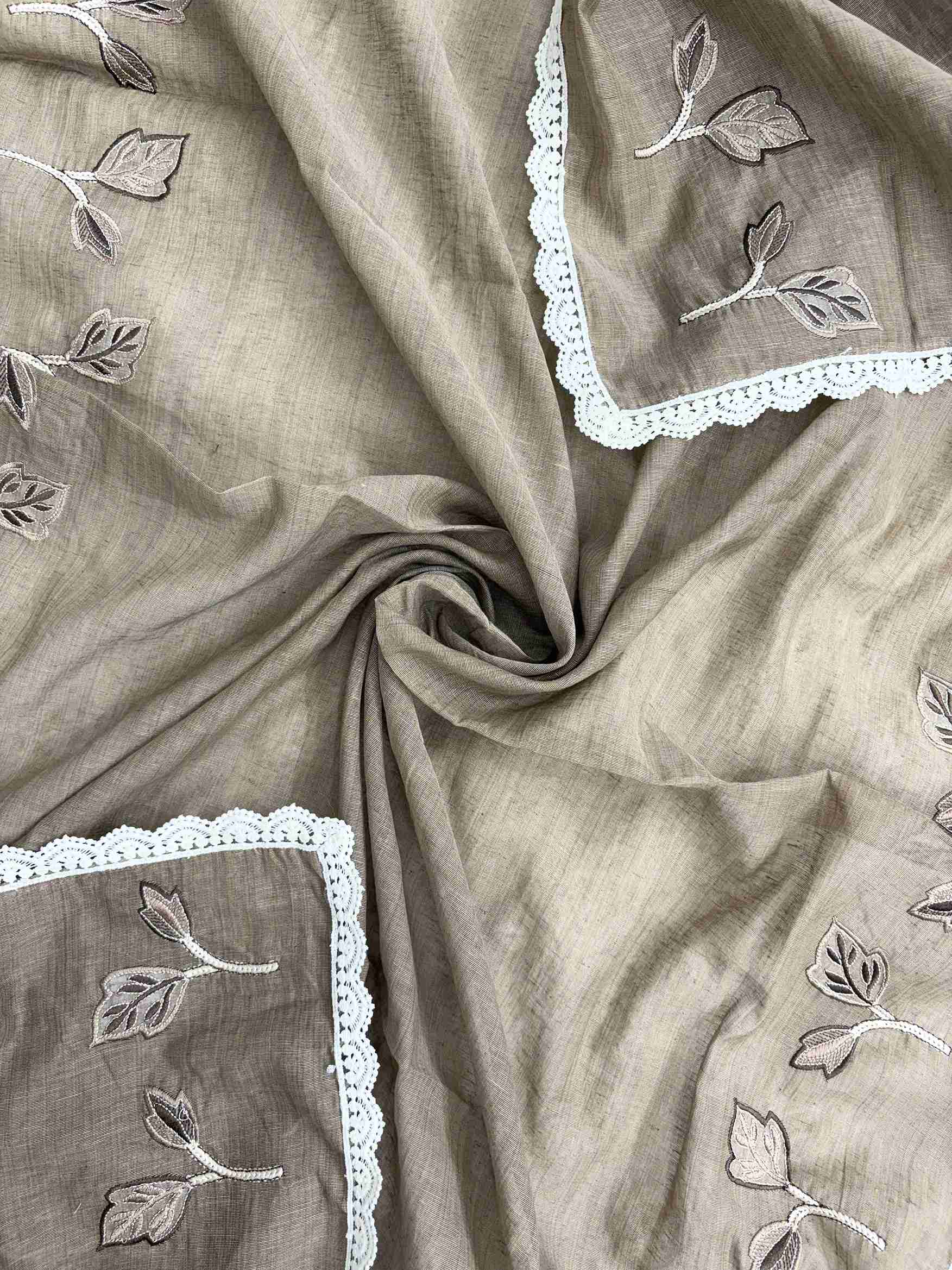Embroidered border with crotia lace finishing along longer sides of khakhi mul chanderi dupatta
