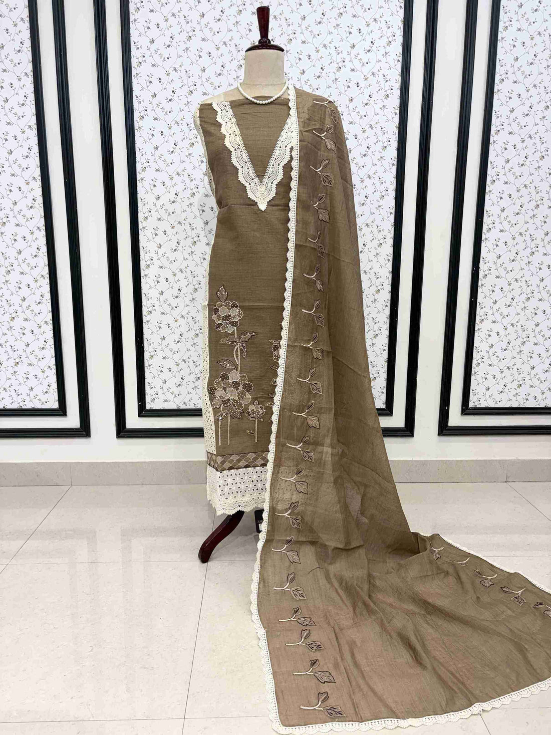 khakhi mul chanderi unstitched suit full front view with dupatta draped on mannequin