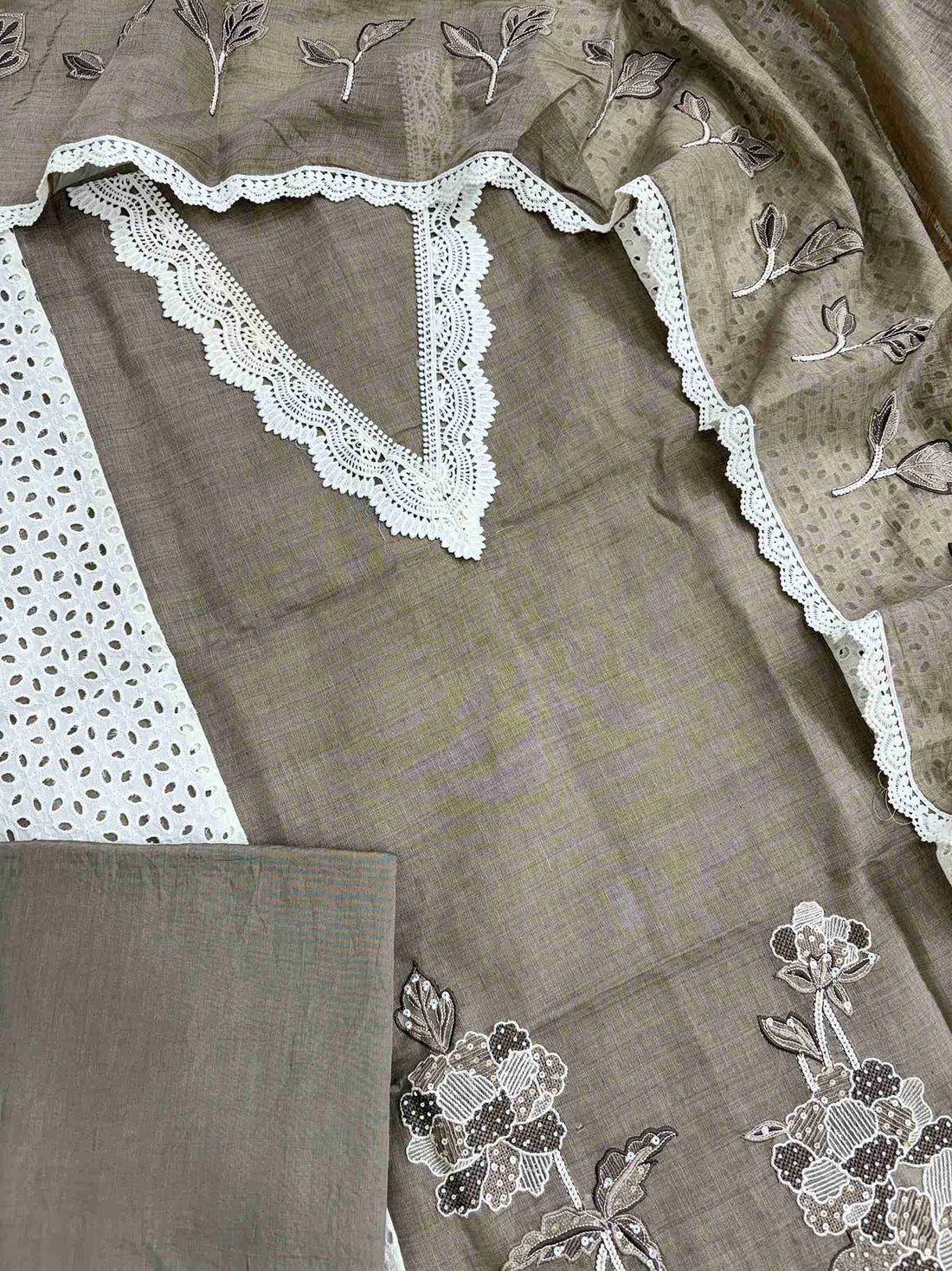 Complete khakhi mul chanderi unstitched suit set with shirt, dupatta, and cotton bottom
