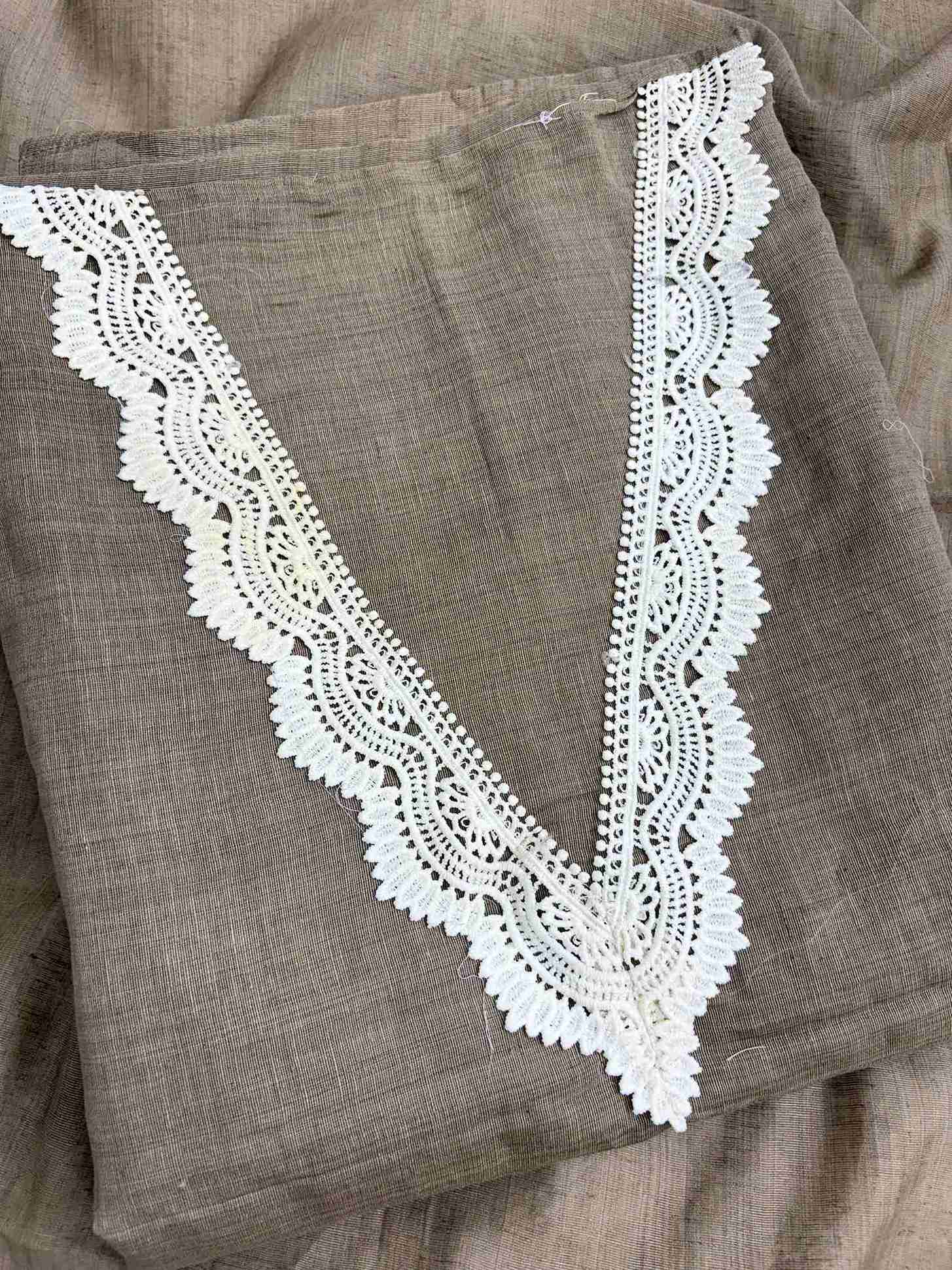 V-neckline detail with crotia lace finishing on khakhi mul chanderi shirt