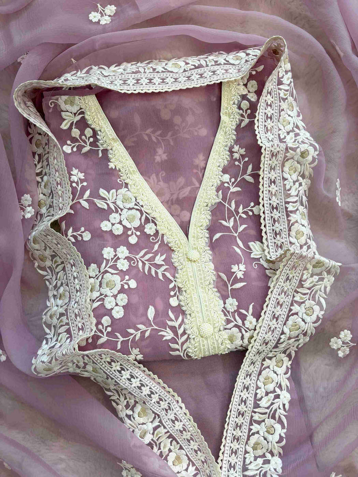 Lavendar chiffon embroidered unstitched suit set with dupatta