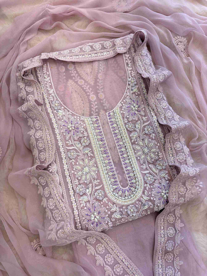 Lavendar georgette chikankari embroidered unstitched suit front view with chiffon dupatta