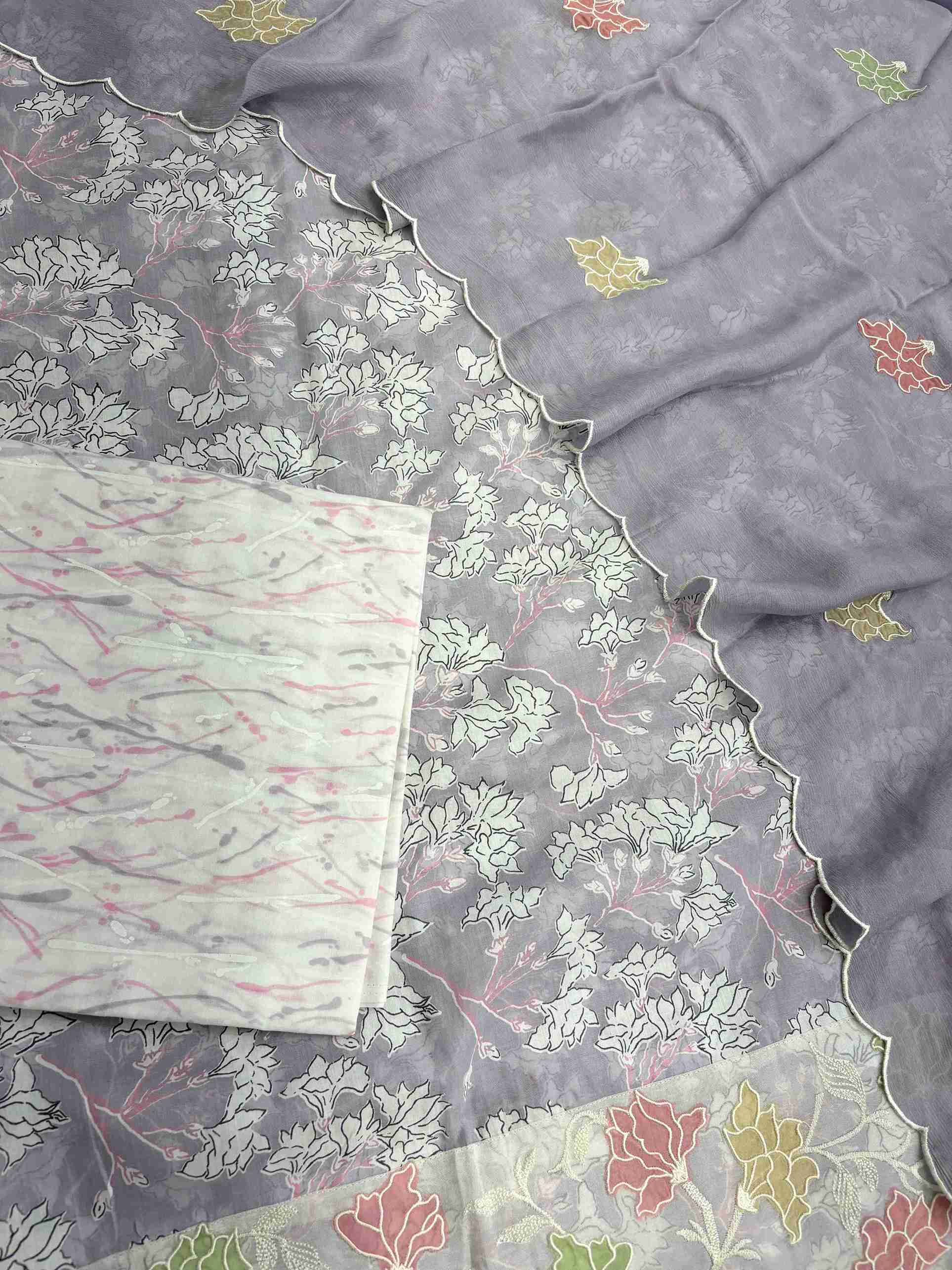 Complete lavendar cotton unstitched suit flat lay set with floral printed shirt, chinnon dupatta, and cotton bottom