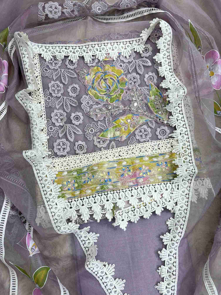 Georgette organza panel with multicolor floral thread embroidery and mirror work highlighting on lavendar shirt