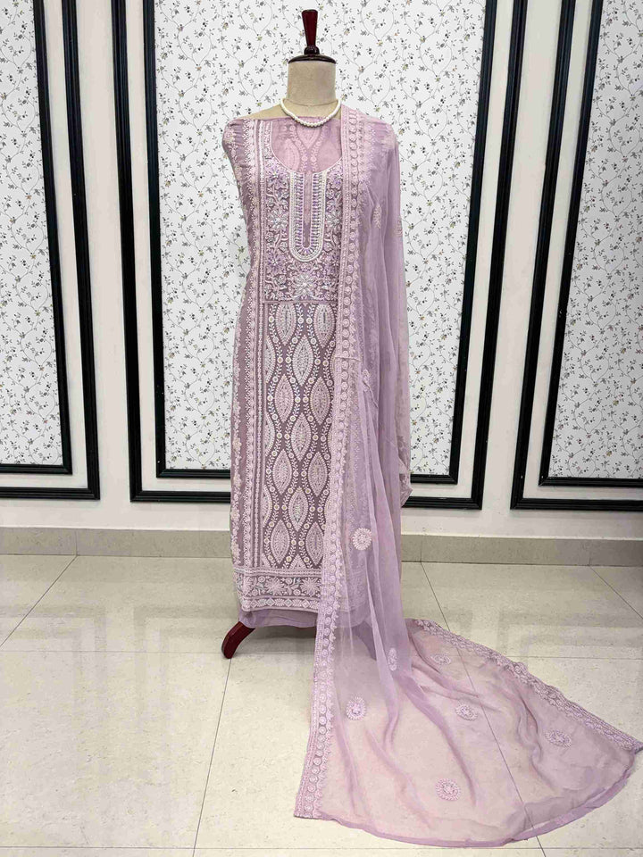 Complete lavendar unstitched suit set with georgette shirt, cotton silk bottom and chiffon dupatta