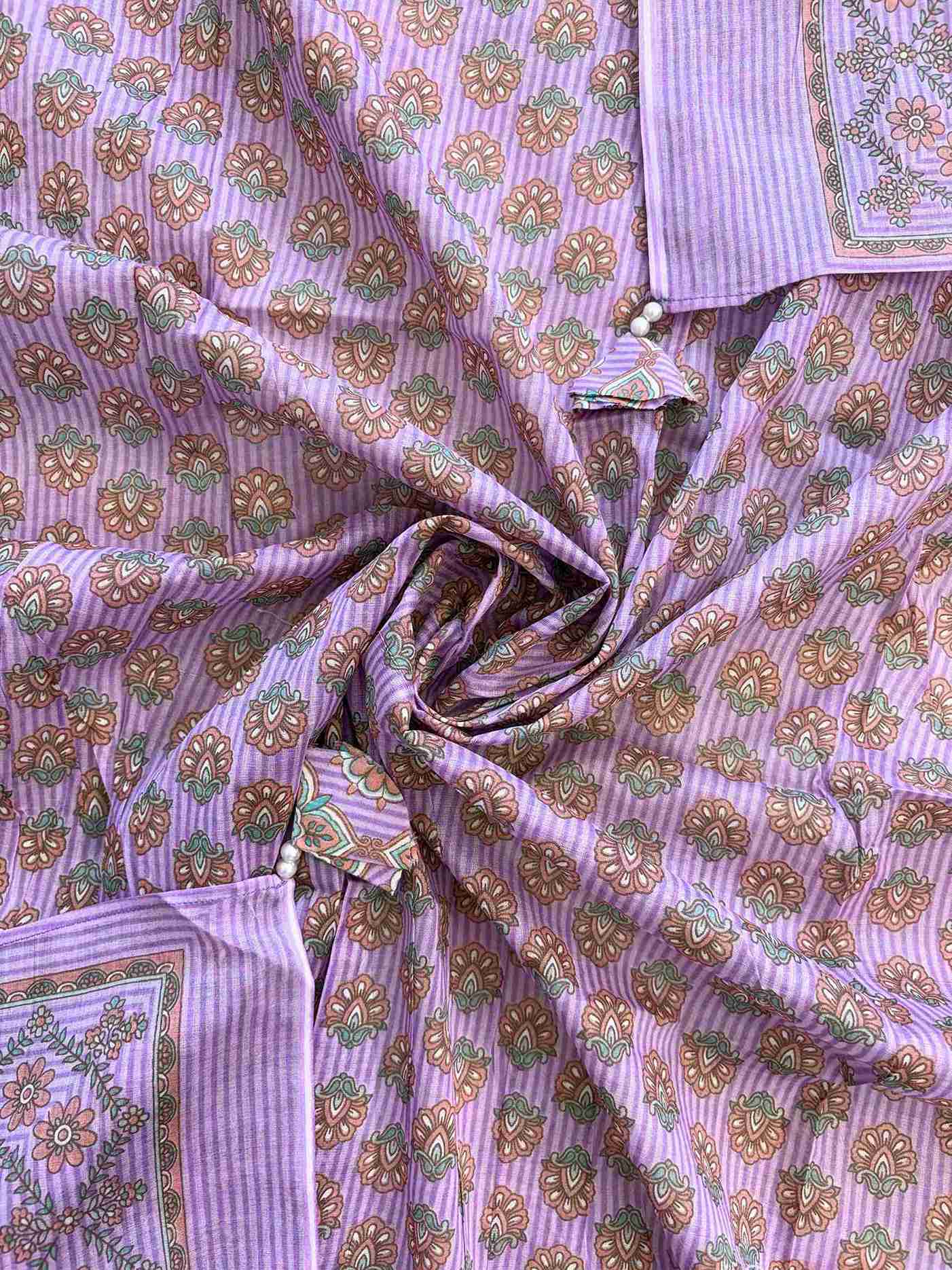All-over geometric floral print with coordinating lavender stripe borders on lavender cotton dupatta