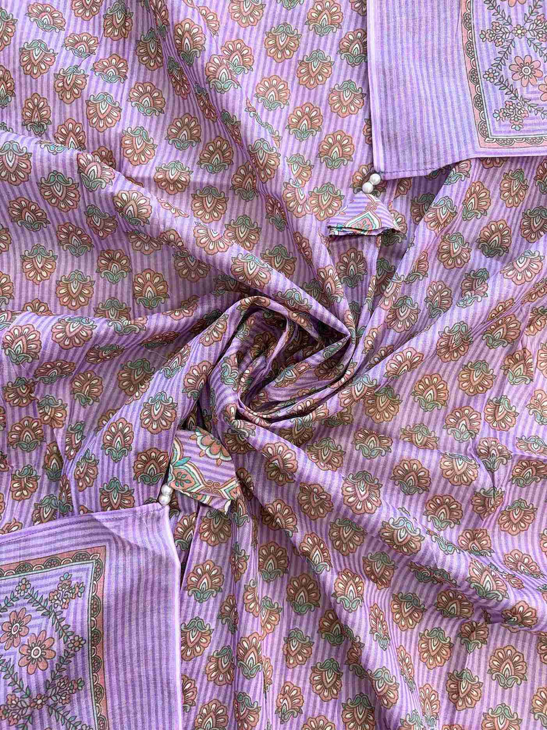 All-over geometric floral print with coordinating lavender stripe borders on lavender cotton dupatta