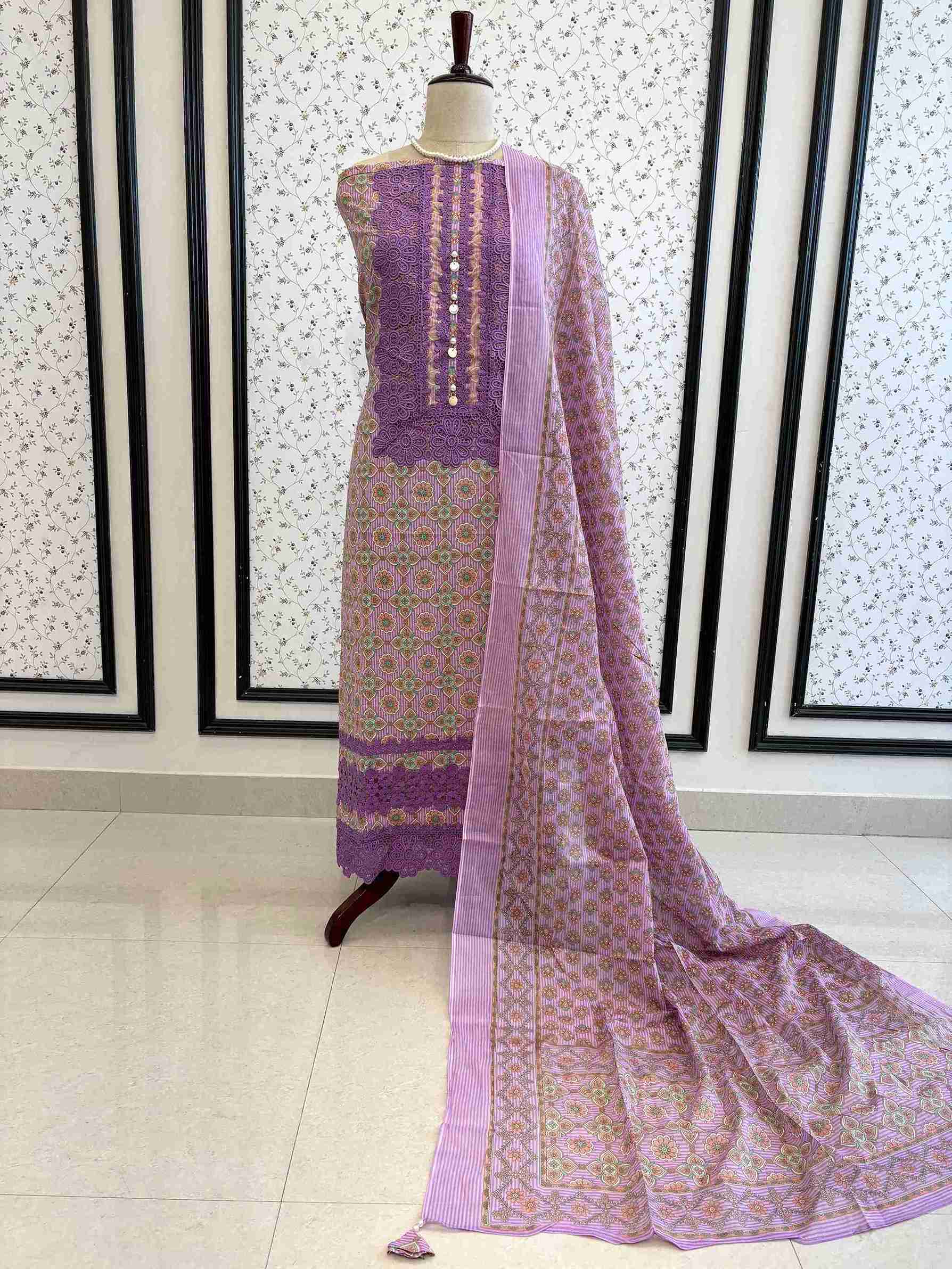 Lavender cotton unstitched suit full front view with matching geometric floral printed dupatta draped on mannequin