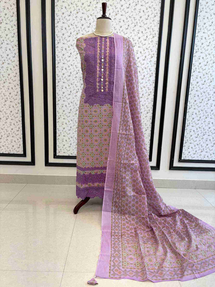 Lavender cotton unstitched suit full front view with matching geometric floral printed dupatta draped on mannequin