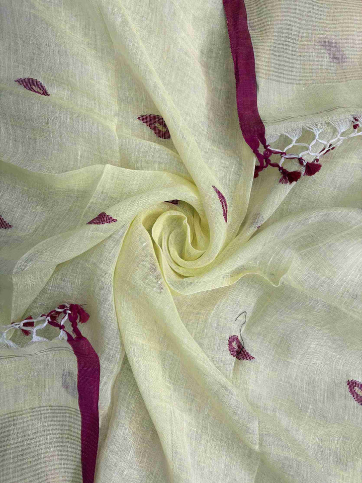 Scattered small pink paisley woven motifs across lemon yellow linen dupatta surface