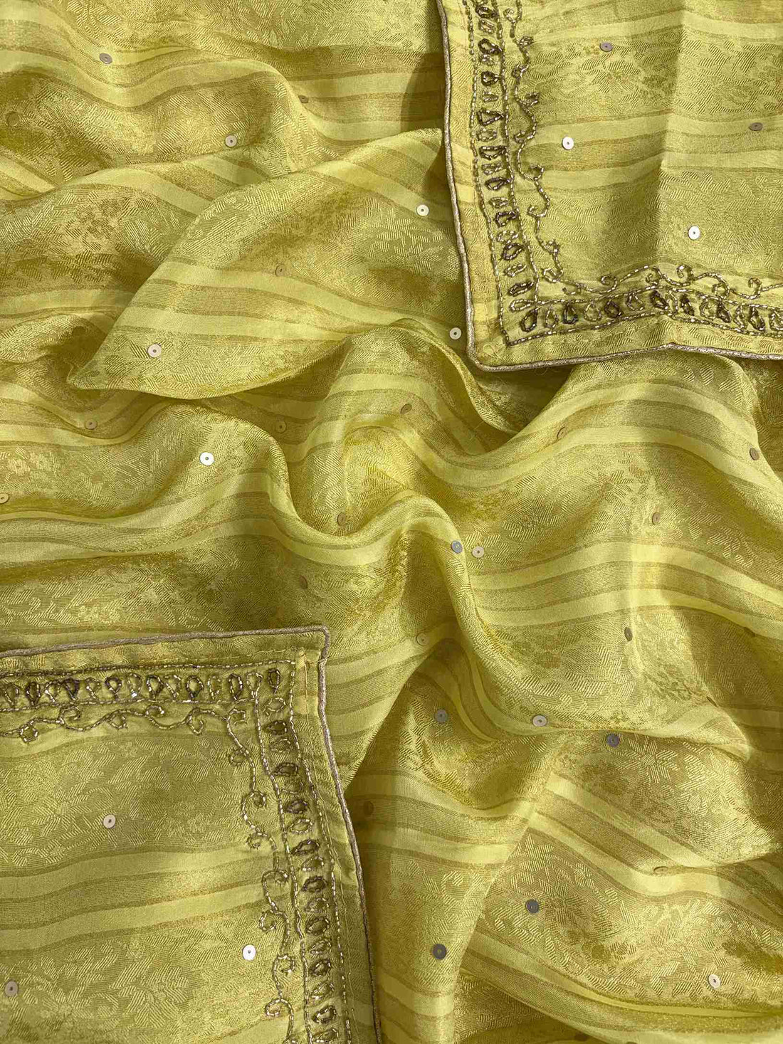 Lemon yellow shimmer organza dupatta with jacquard stripe impressions