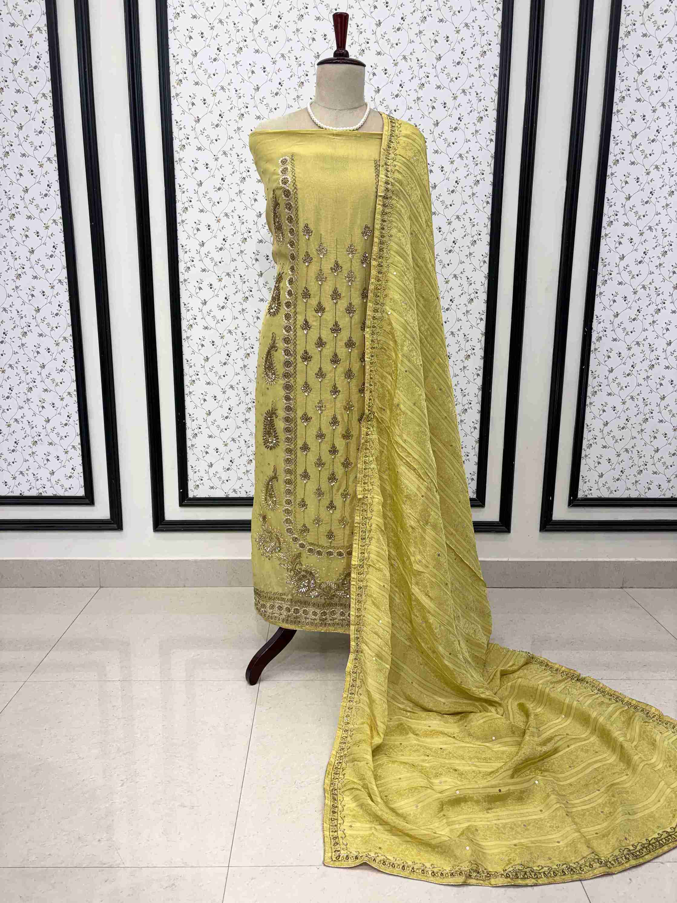 Lemon yellow shimmer organza heavy handwork unstitched suit set
