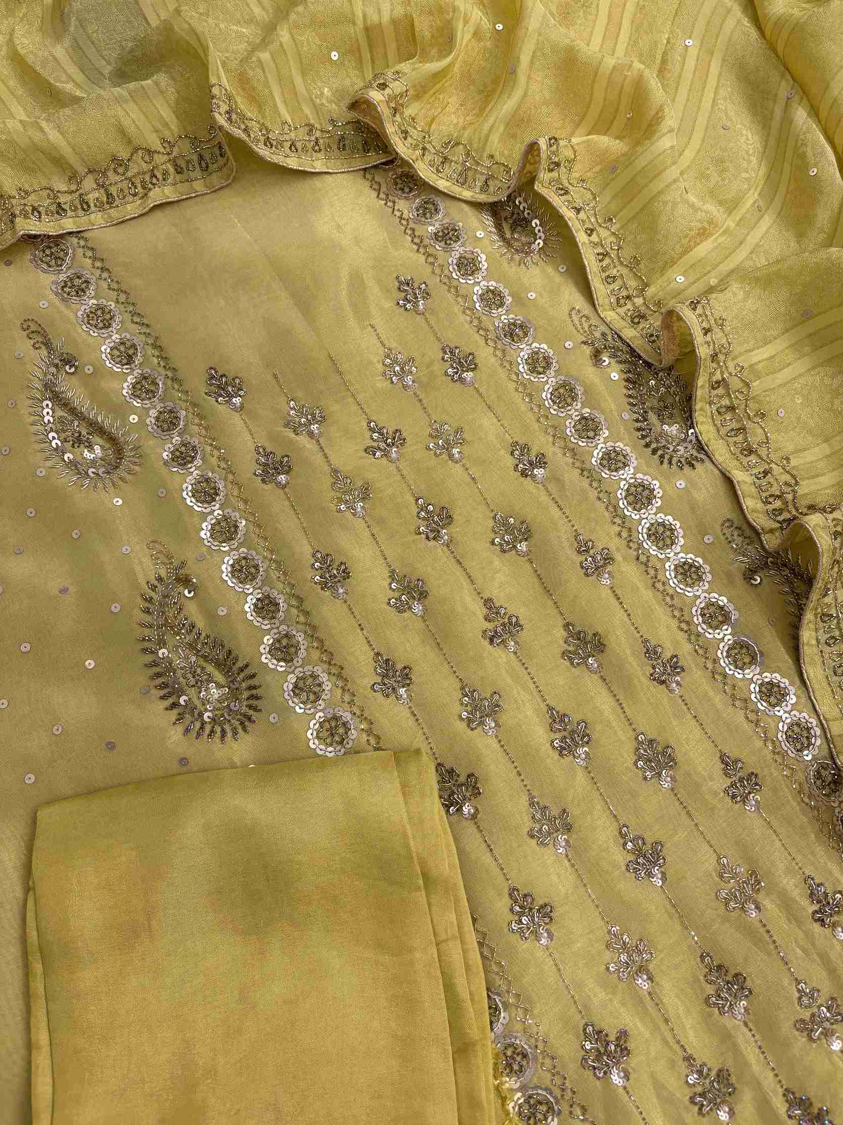 Detailed neckline embroidery with heavy hand nalki and sequence work on shimmer organza