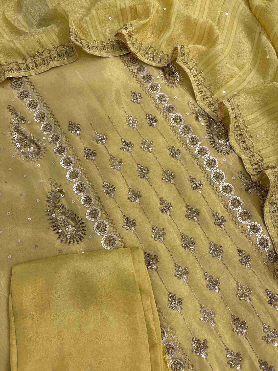 Detailed neckline embroidery with heavy hand nalki and sequence work on shimmer organza