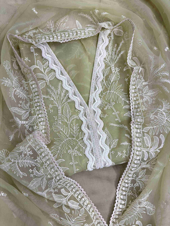 Light Green poly chiffon suit front view with resham embroidery and lace V neckline