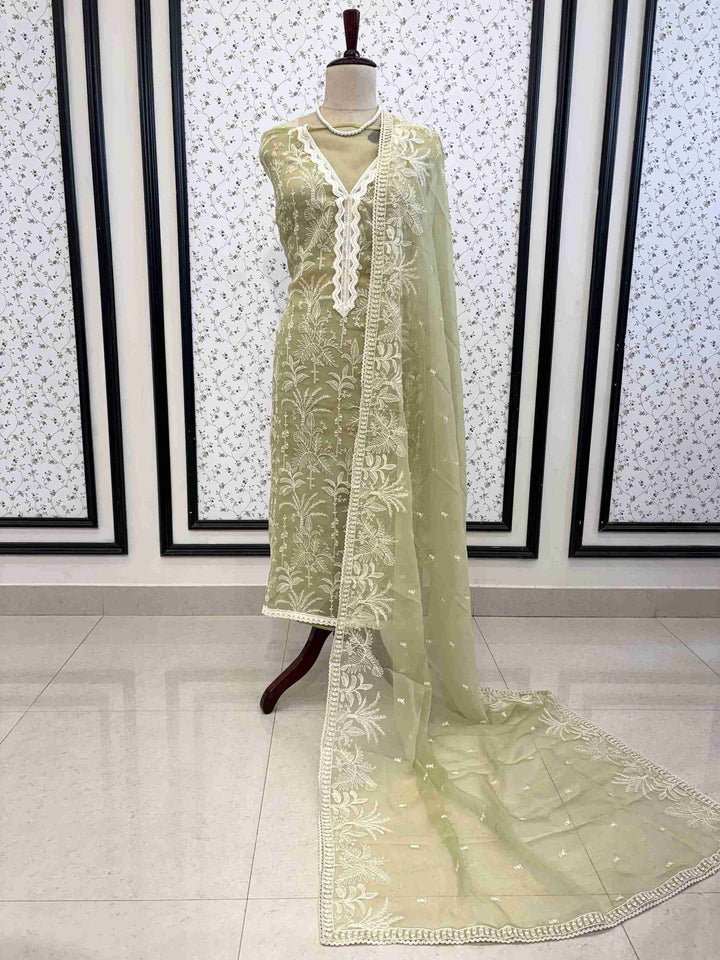 Full unstitched Light Green poly chiffon suit set with dupatta and matching bottom