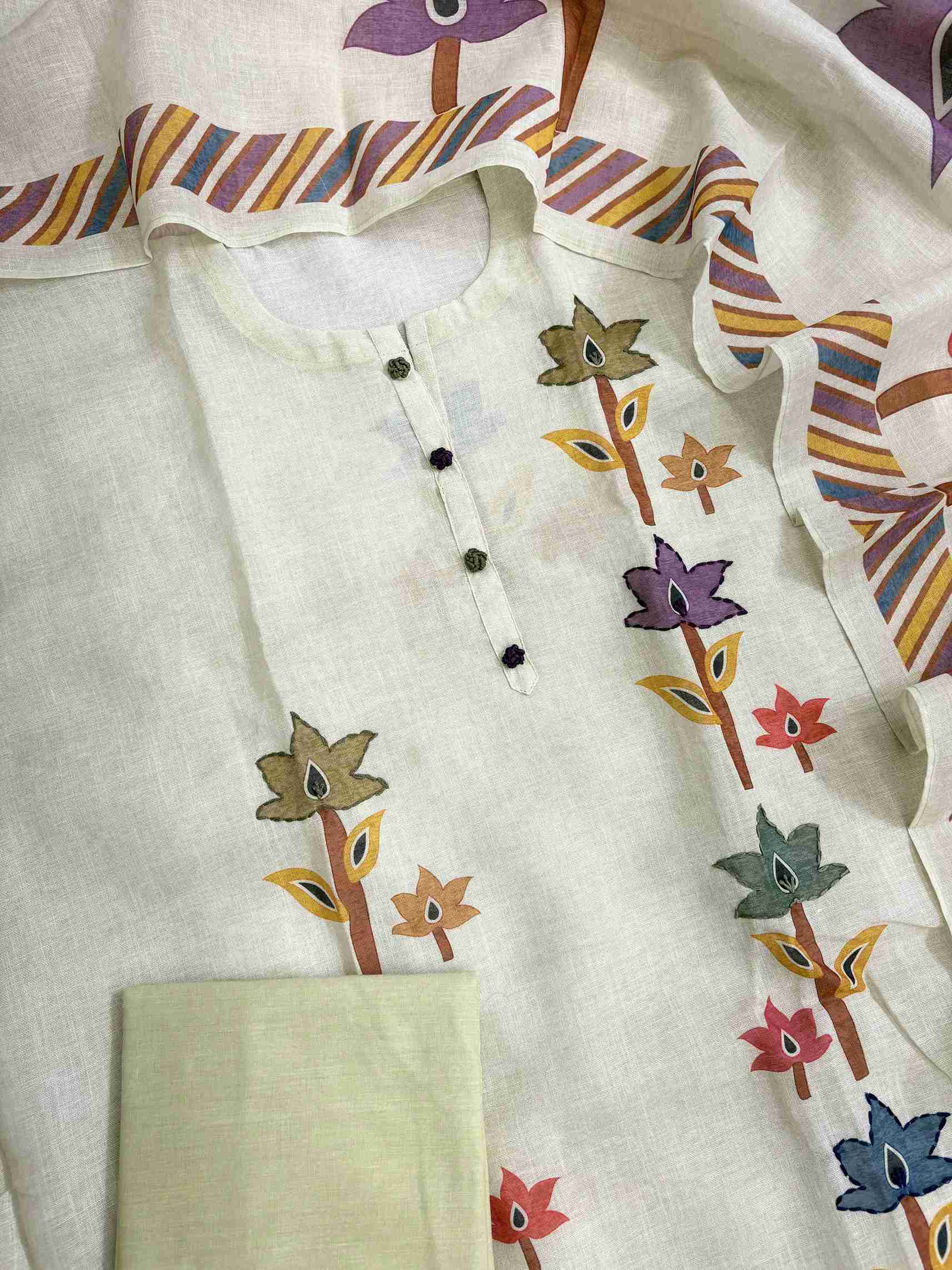 Complete light pista linen unstitched suit flat lay set with shirt, dupatta, and matching cotton bottom