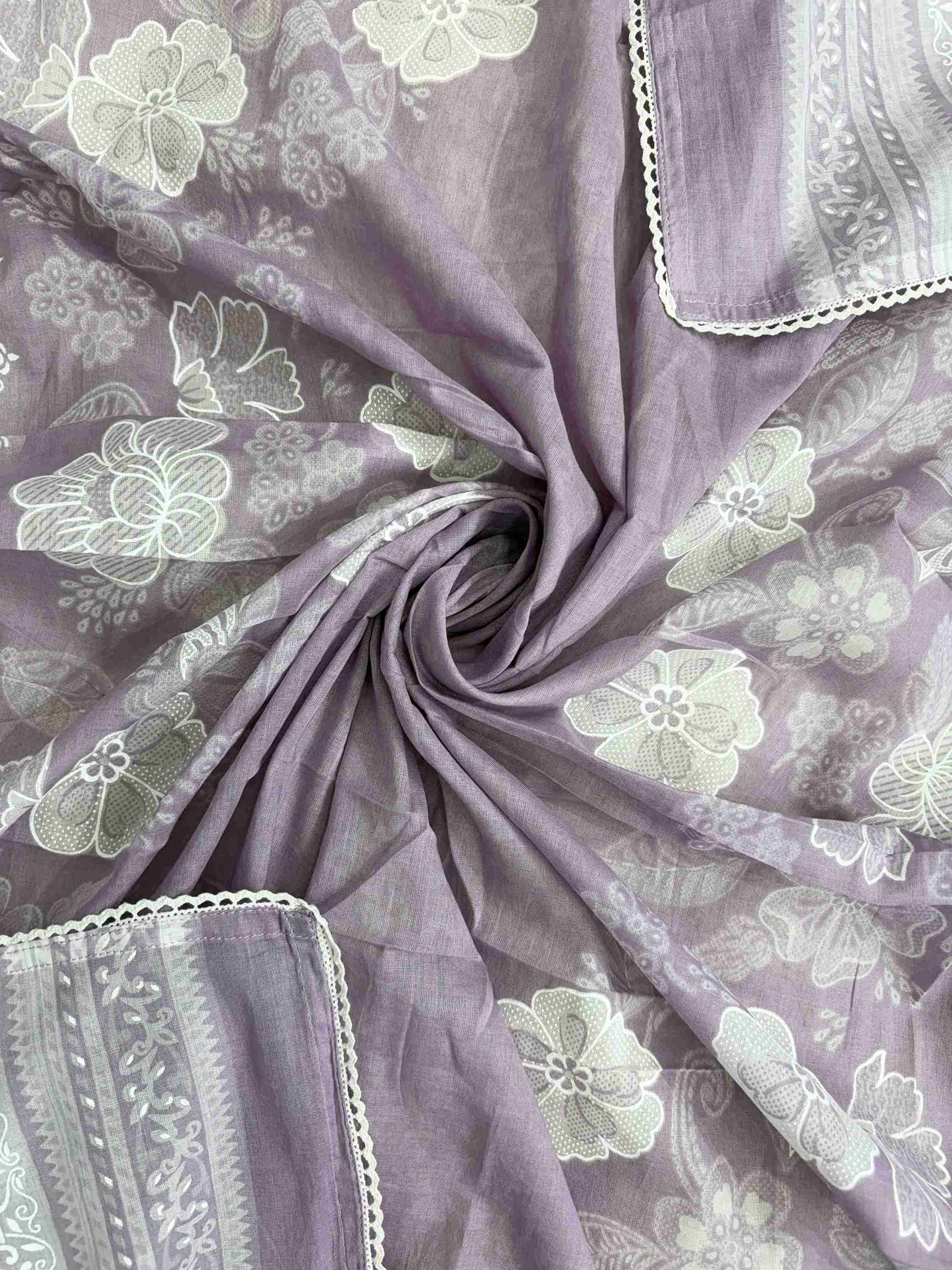 All-over white floral digital print with white lace border finishing on lilac cotton dupatta
