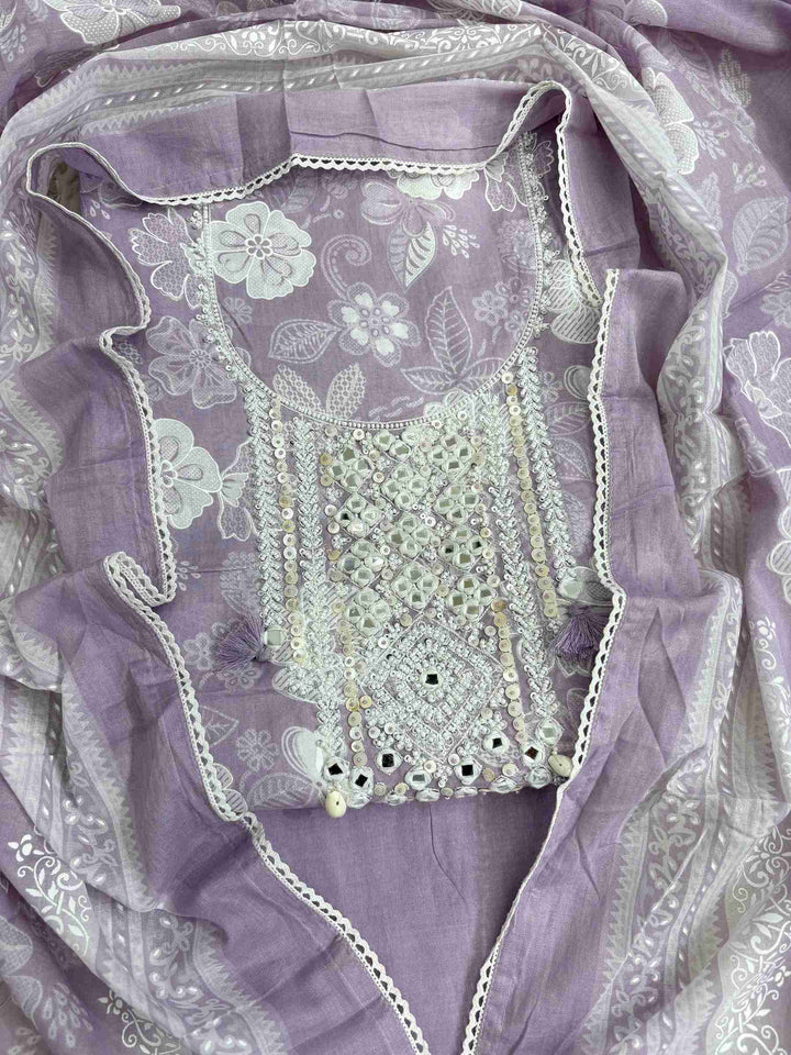 All-over white floral texture print detail across lilac cotton shirt body
