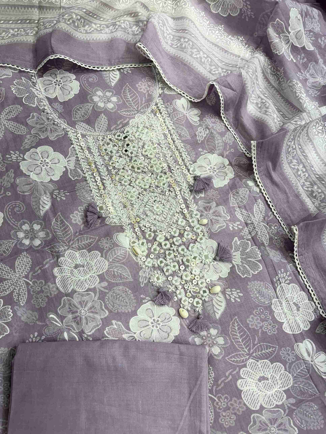 Complete lilac cotton unstitched suit flat lay set with floral printed shirt, dupatta, and matching cotton bottom